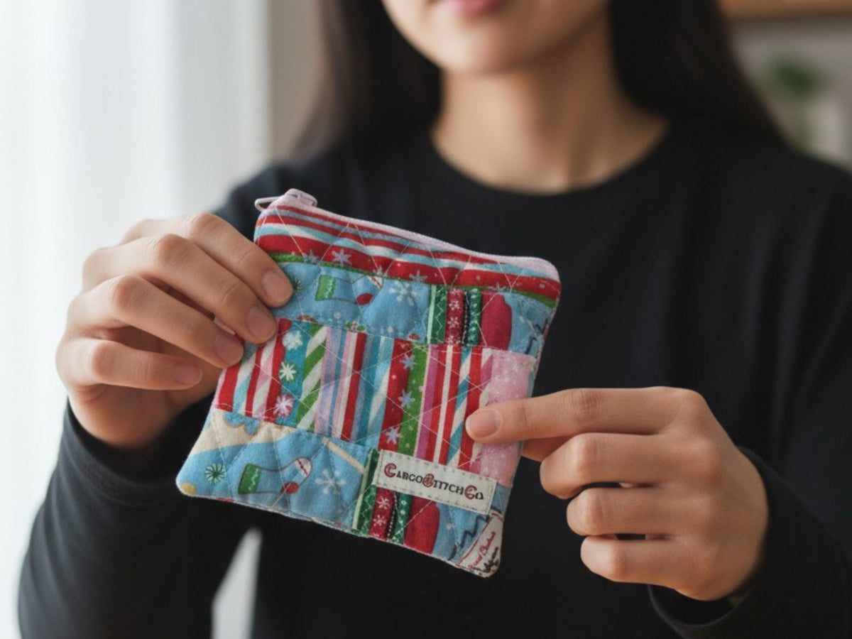 Christmas Mini Zipper Pouch, Quilted Coin Purse, Peppermint Lane Scrap Series, Small Holiday Gift, Stocking Stuffer