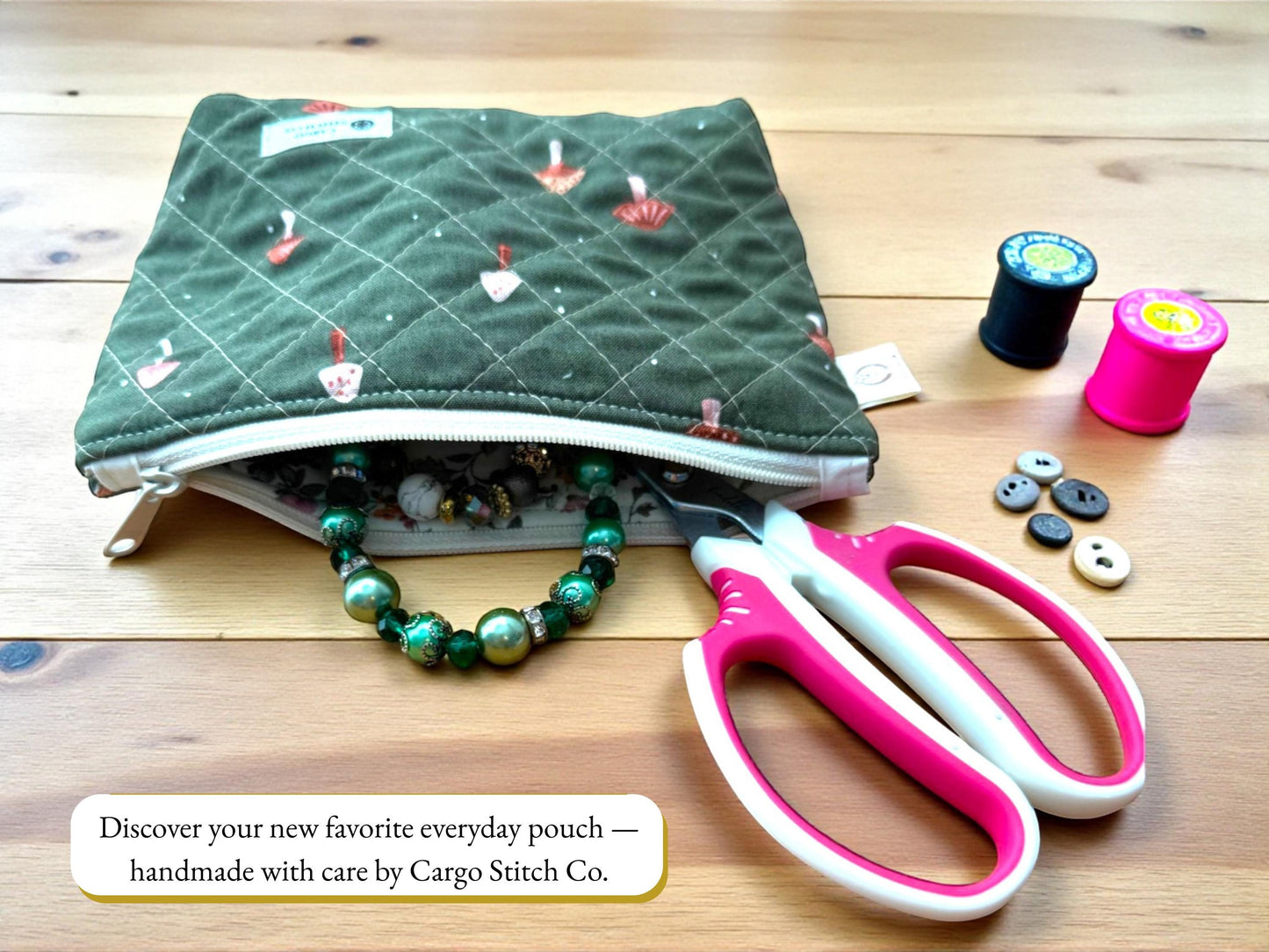 Quilted Zipper Pouch Woodland Workshop  | Small Makeup Bag | Nature Inspired Sewing Pouch | Handmade Gift | 7x4.5 |  Quilted Toiletry Bag