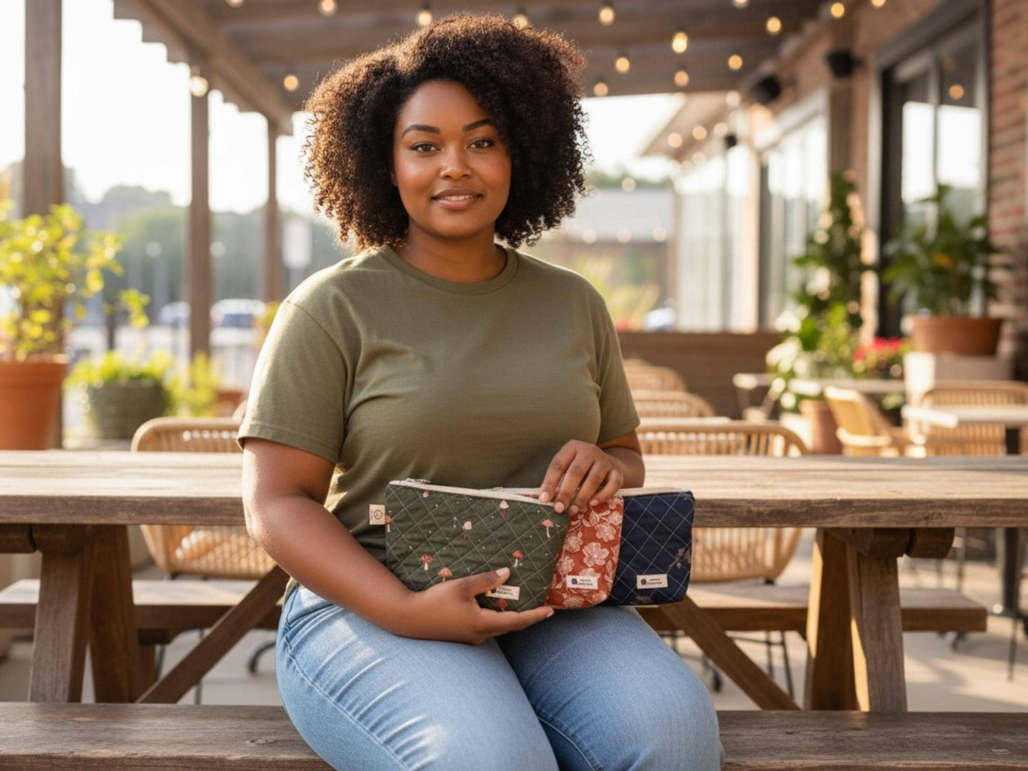 Quilted Zipper Pouch Woodland Workshop  | Small Makeup Bag | Nature Inspired Sewing Pouch | Handmade Gift | 7x4.5 |  Quilted Toiletry Bag