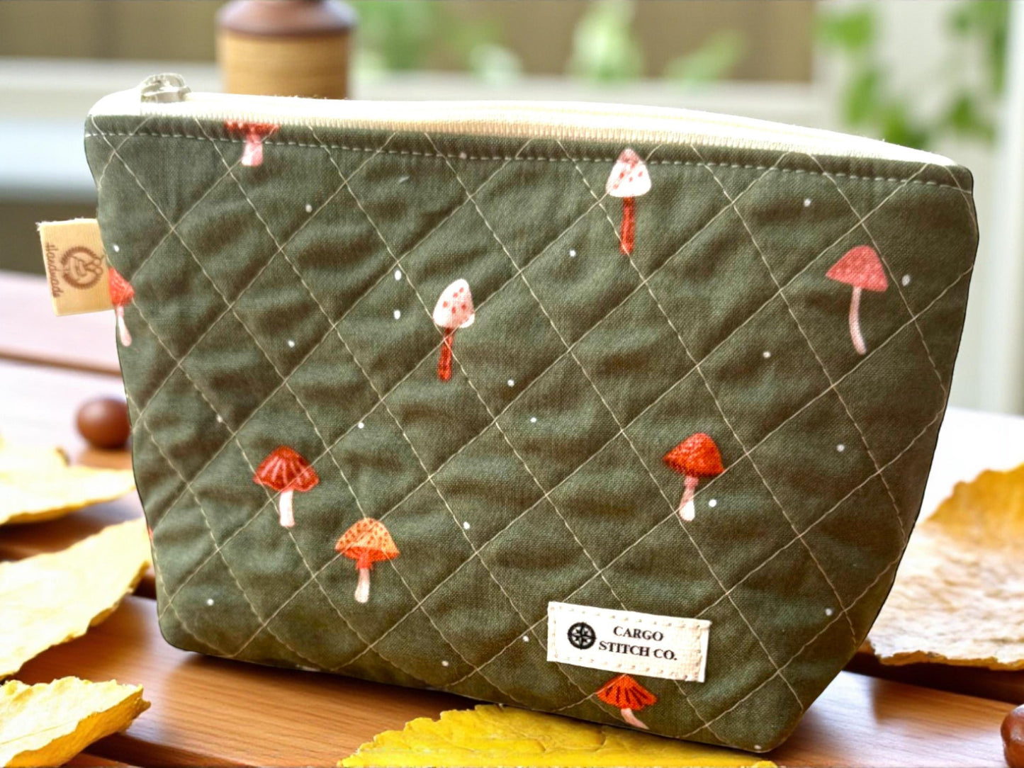 Quilted Zipper Pouch Woodland Workshop  | Small Makeup Bag | Nature Inspired Sewing Pouch | Handmade Gift | 7x4.5 |  Quilted Toiletry Bag