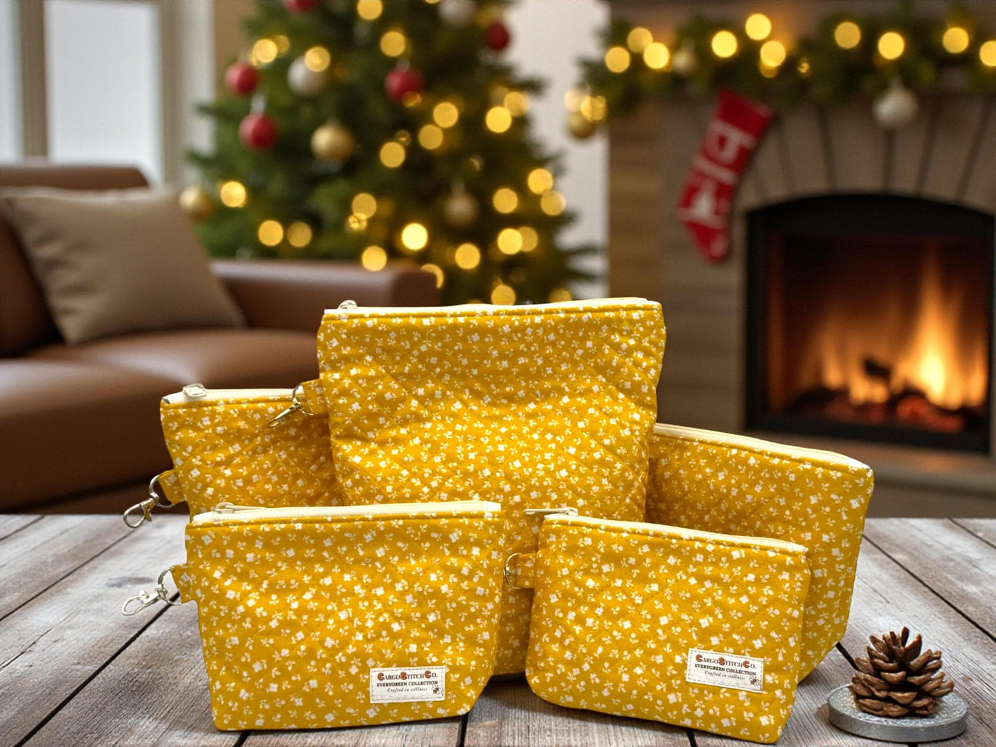 Golden Meadow Quilted Pouch Set – 5-Piece Evergreen Collection Bundle | Project Bag, Off-White Zipper, Inner Pocket | Handmade Gift