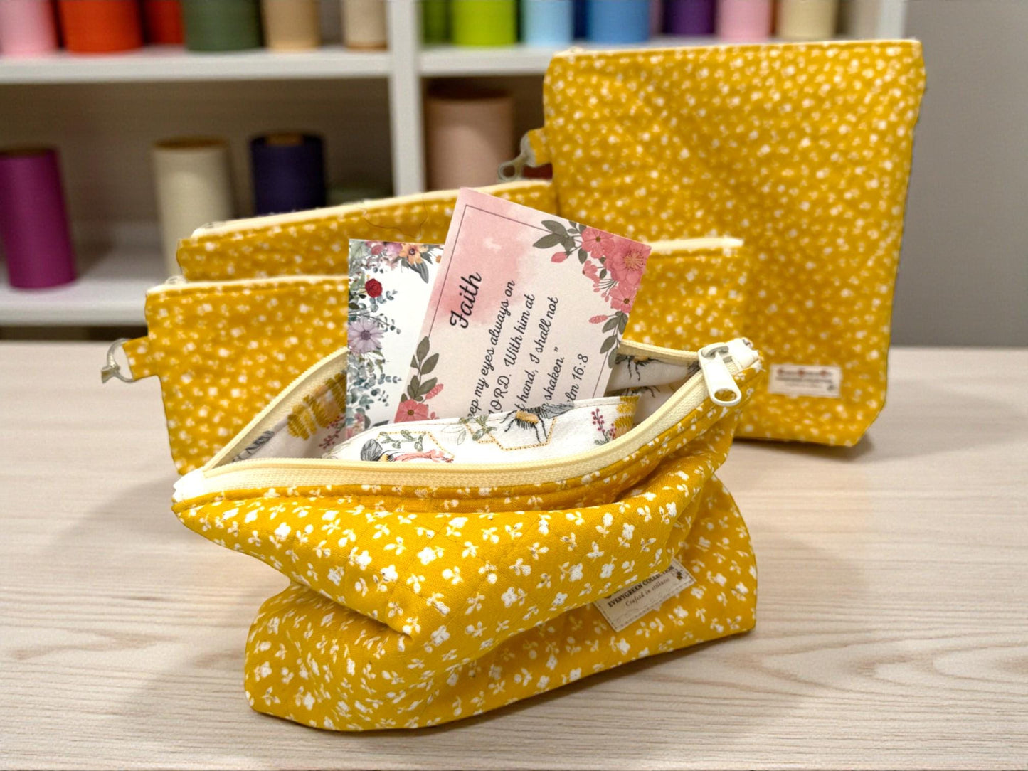 Golden Meadow Quilted Pouch Set – 5-Piece Evergreen Collection Bundle | Project Bag, Off-White Zipper, Inner Pocket | Handmade Gift