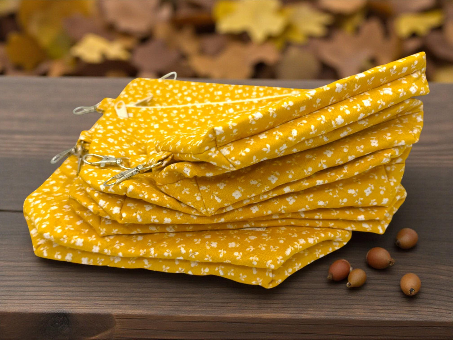 Golden Meadow Quilted Pouch Set – 5-Piece Evergreen Collection Bundle | Project Bag, Off-White Zipper, Inner Pocket | Handmade Gift