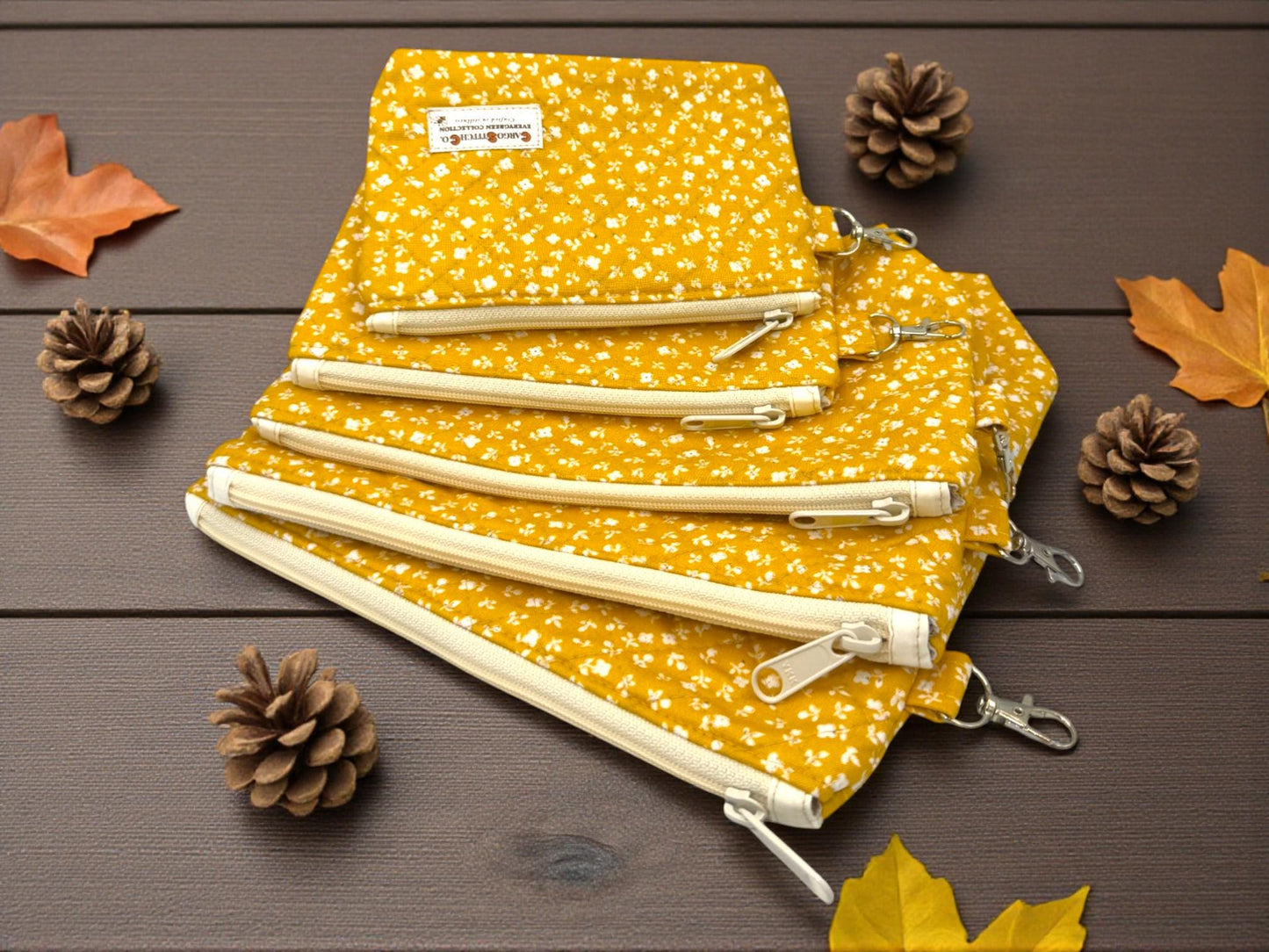 Golden Meadow Quilted Pouch Set – 5-Piece Evergreen Collection Bundle | Project Bag, Off-White Zipper, Inner Pocket | Handmade Gift