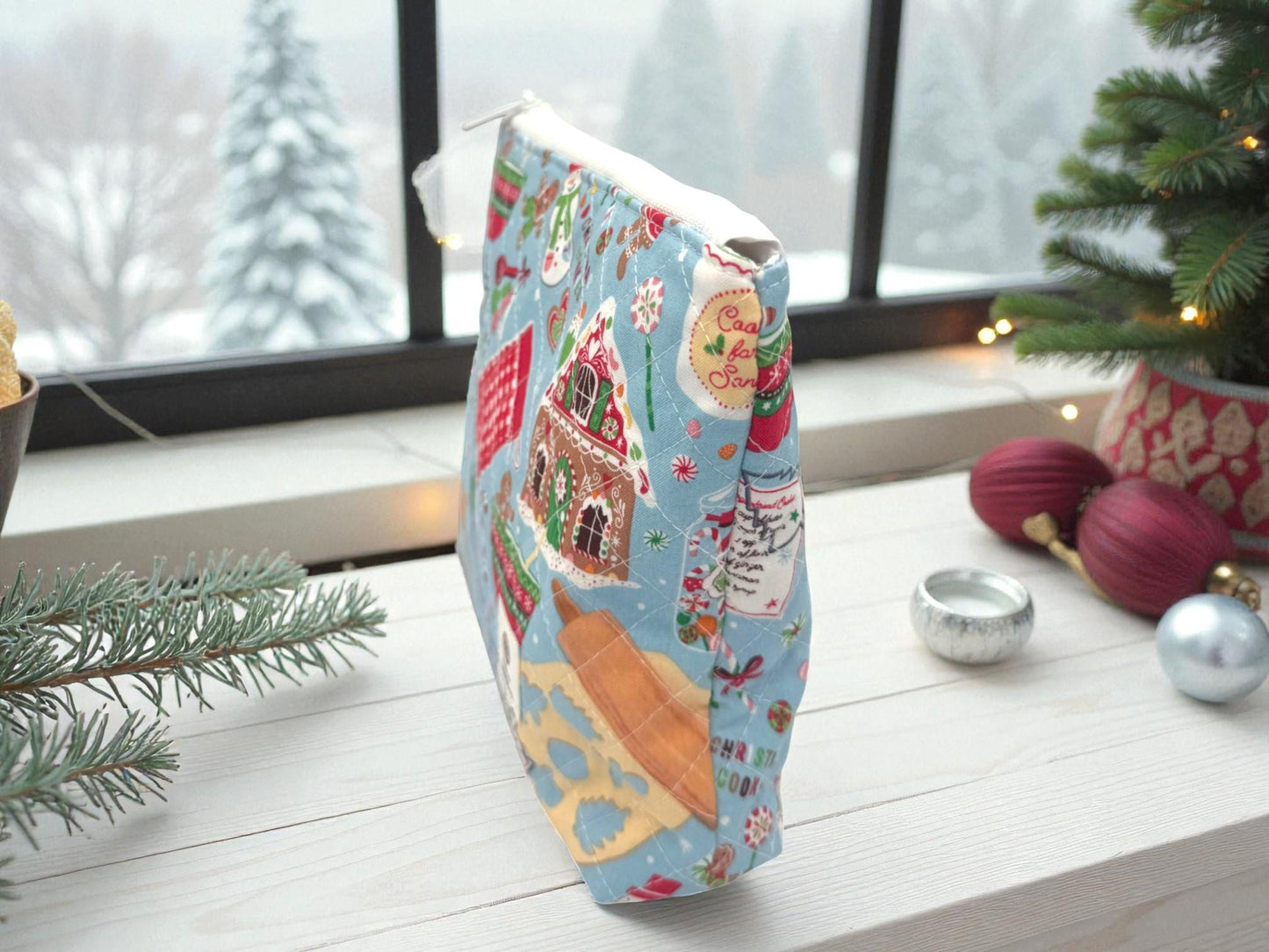 Peppermint Lane Christmas Baking Quilted Pouch – Holiday Kitchen Print | 9.5×8.5 Zipper Bag with Swivel Clasp | Project Bag