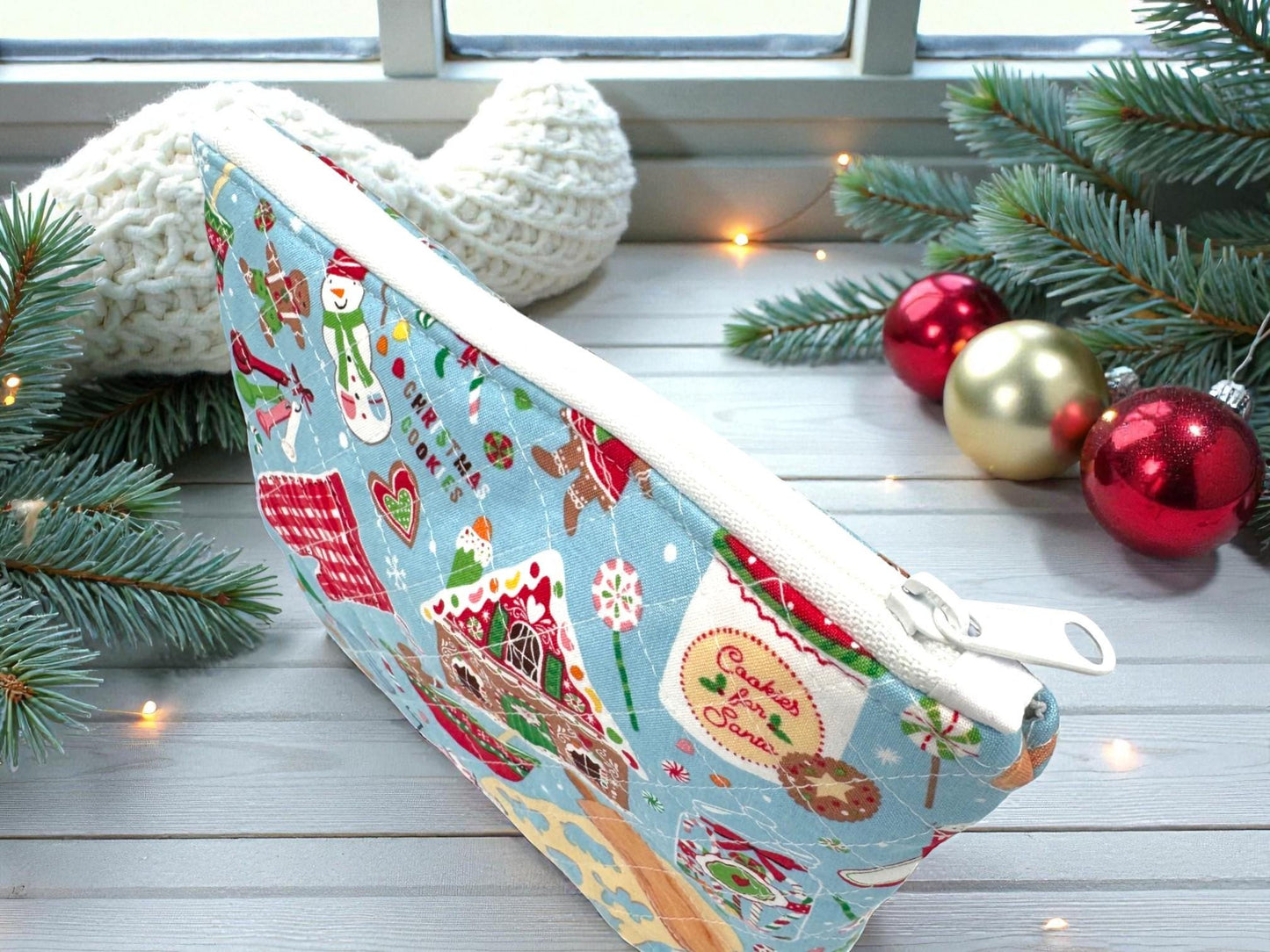 Peppermint Lane Christmas Baking Quilted Pouch – Holiday Kitchen Print | 9.5×8.5 Zipper Bag with Swivel Clasp | Project Bag