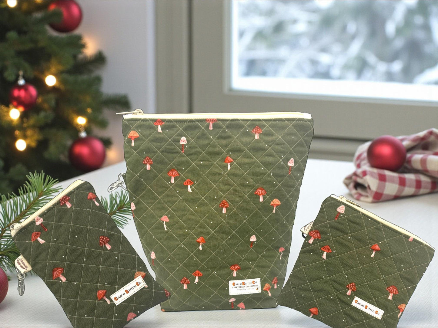 Mushroom Quilted Pouch Set, Cargo Stitch Co Woodland Bags, Handmade Gift, Forest Travel Organizer, Quilted Zipper Bags