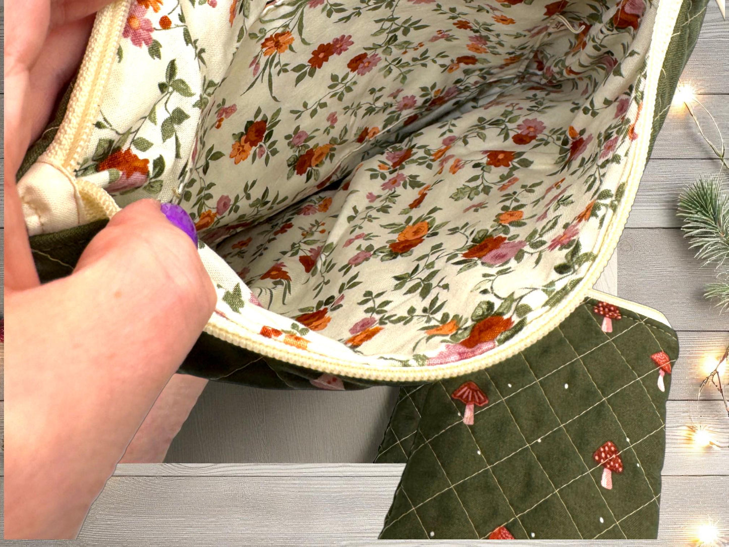 Mushroom Quilted Pouch Set, Cargo Stitch Co Woodland Bags, Handmade Gift, Forest Travel Organizer, Quilted Zipper Bags