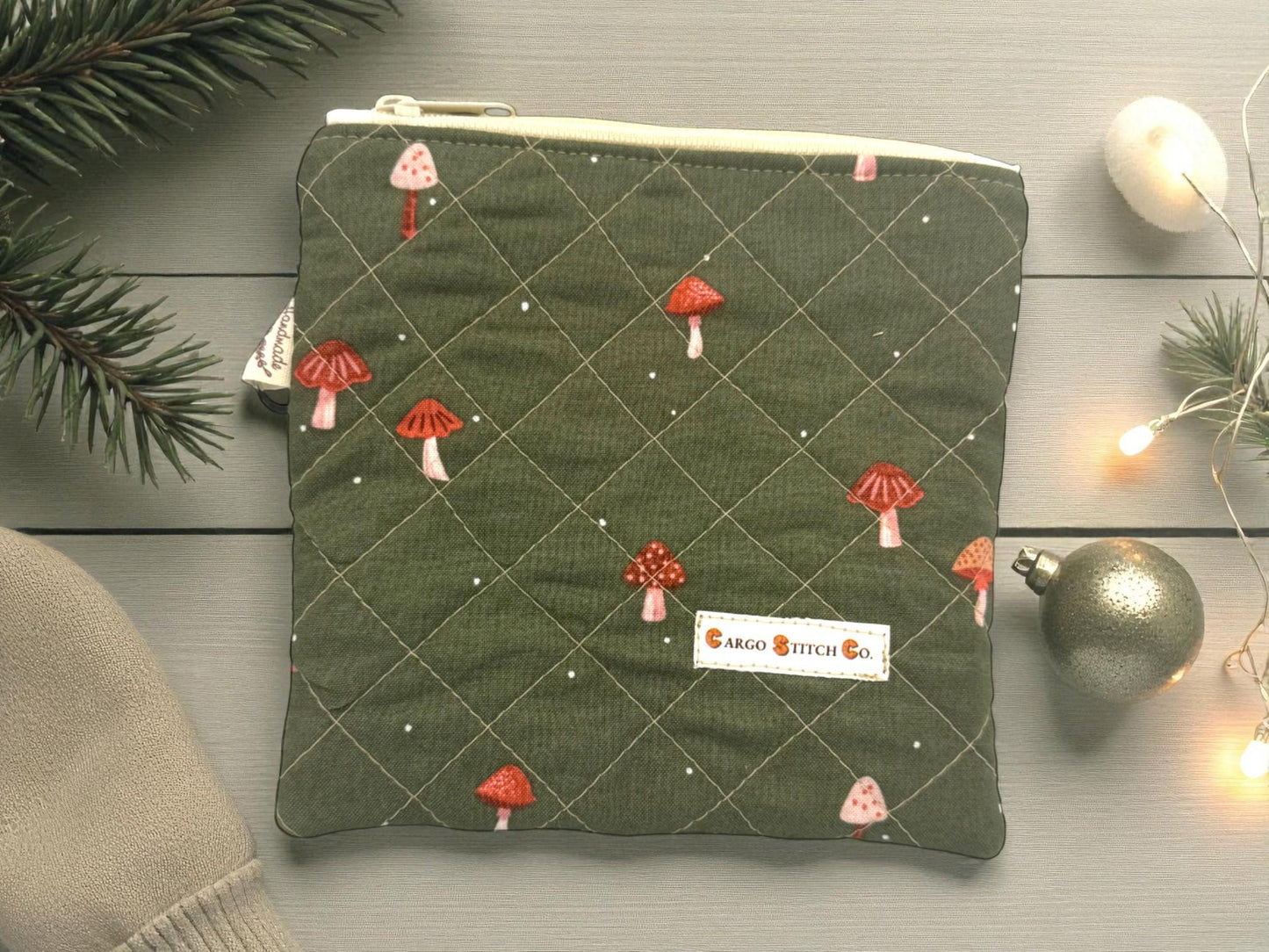 Mushroom Quilted Pouch Set, Cargo Stitch Co Woodland Bags, Handmade Gift, Forest Travel Organizer, Quilted Zipper Bags