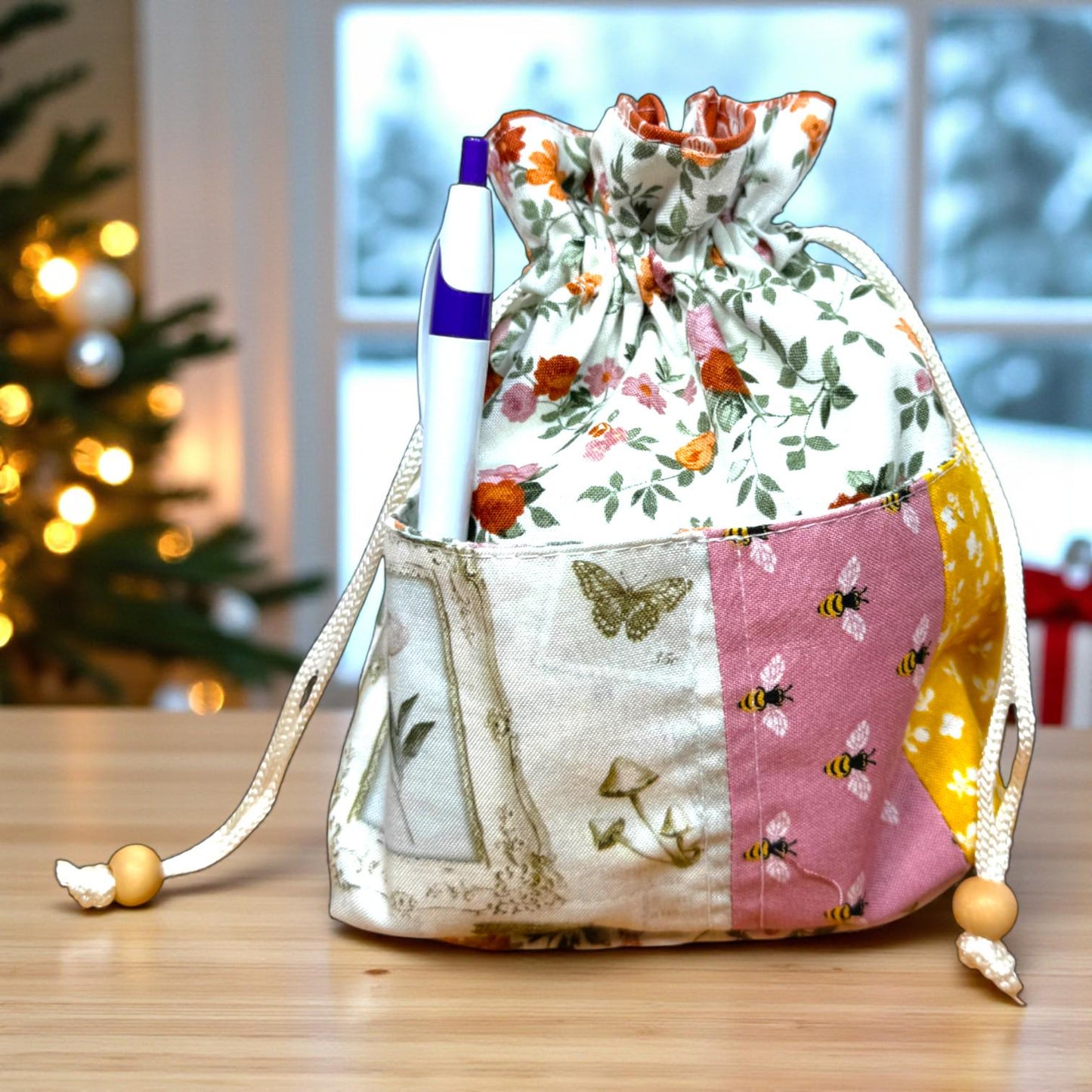 Quilted Floral Drawstring Pouch with Pockets | Everyday Magic Garden Gatherings Gift Bag | Handmade by Cargo Stitch Co.