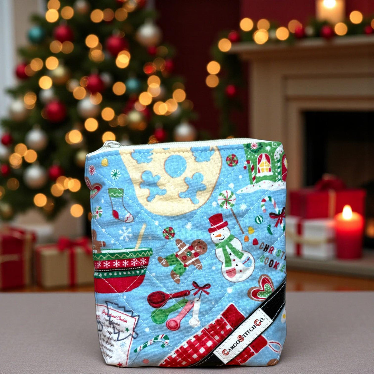 Christmas Zipper Pouch Set | 3 Piece Quilted Pouch Bundle | Gingerbread & Holiday Cats | Peppermint Lane