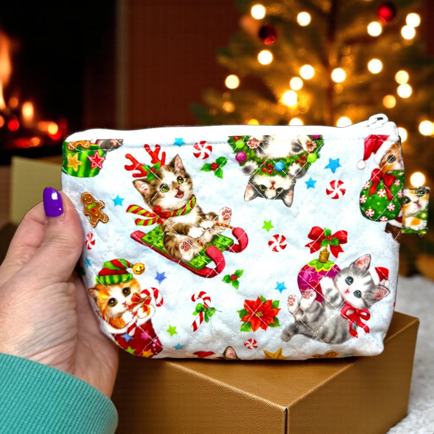 Peppermint Lane Everyday – Cookies & Cats Quilted Pouch Trio | Handmade Holiday Gift Set | Cargo Stitch Co. Zipper Bags