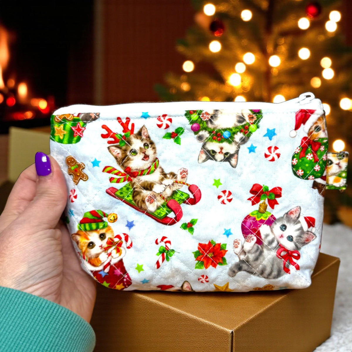 Christmas Zipper Pouch Set | 3 Piece Quilted Pouch Bundle | Gingerbread & Holiday Cats | Peppermint Lane
