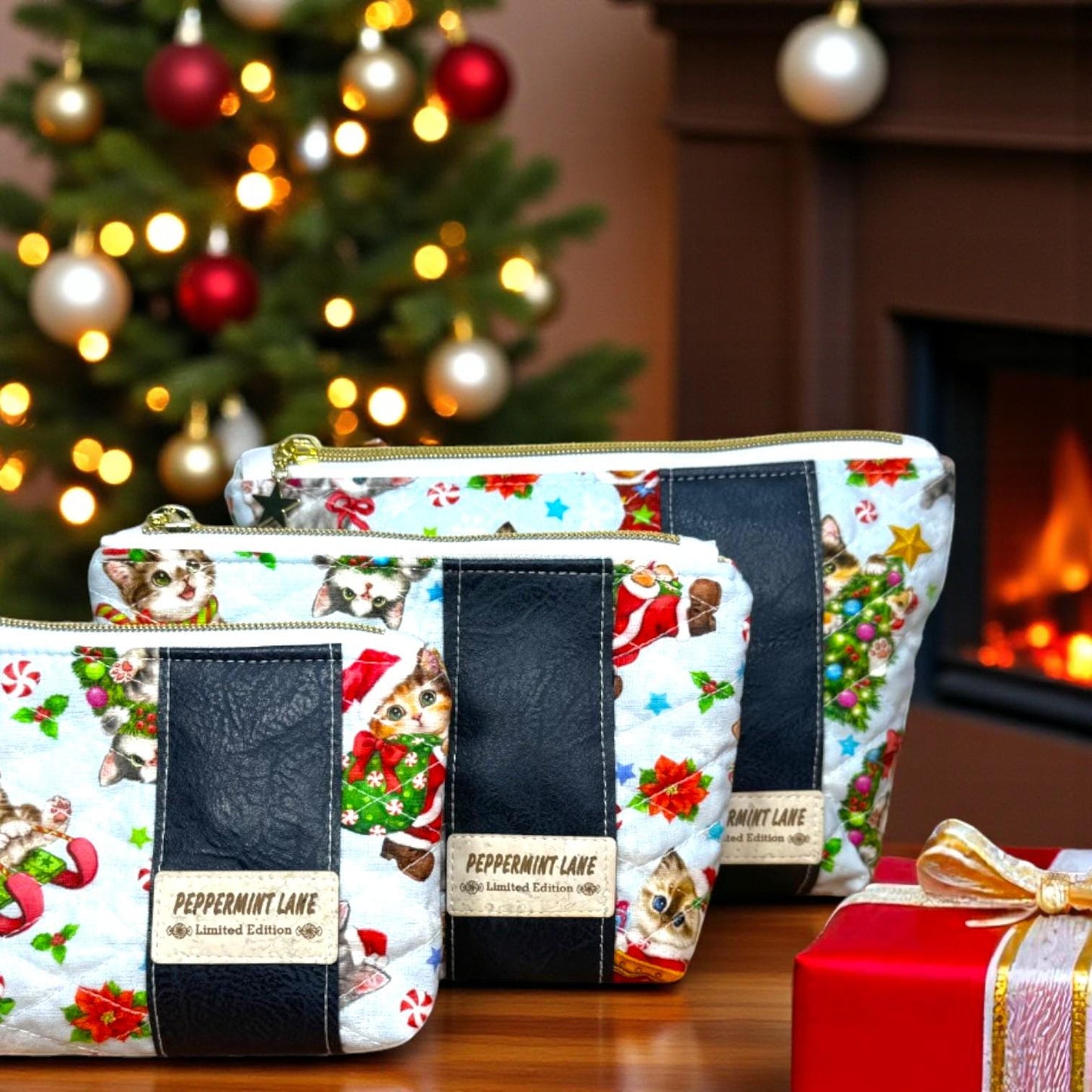 Quilted Cat Cosmetic Pouch – Peppermint Lane Limited Edition 2025 – Vinyl Holiday Pouch – Collector Set Story Zine – Christmas Gift Bundle
