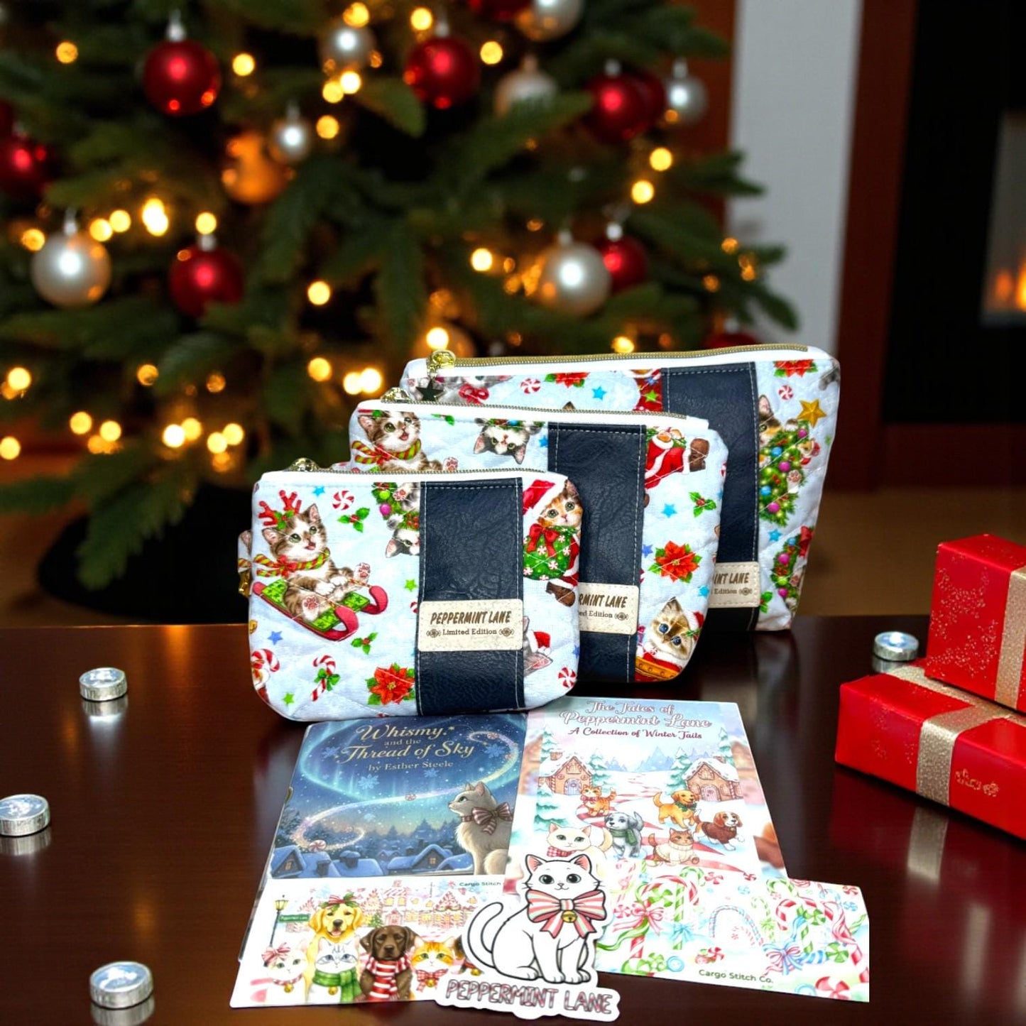 Quilted Pouch Peppermint Lane Limited Edition 2025 – Whimsy’s Collector Set | Cat Cosmetic Bag + Story Zine | Choose Your Size