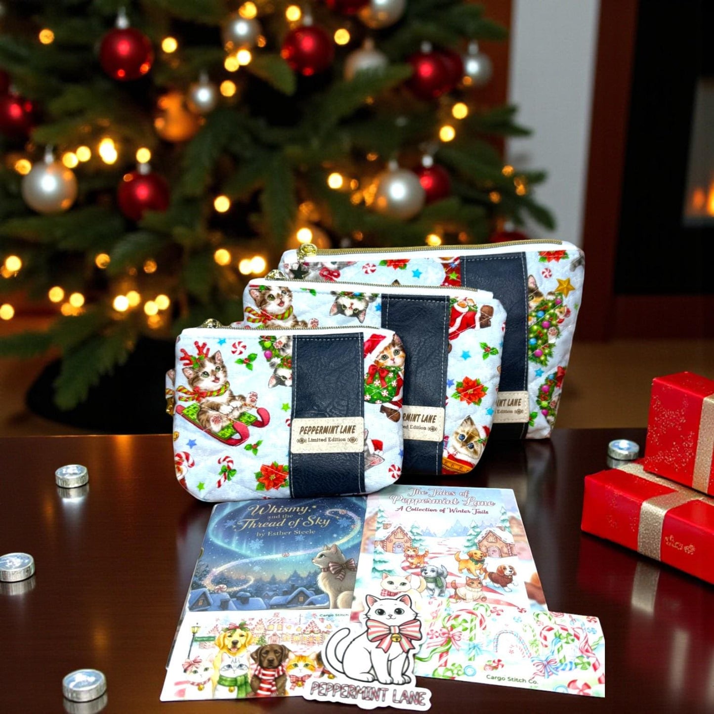 Quilted Cat Cosmetic Pouch – Peppermint Lane Limited Edition 2025 – Vinyl Holiday Pouch – Collector Set Story Zine – Christmas Gift Bundle