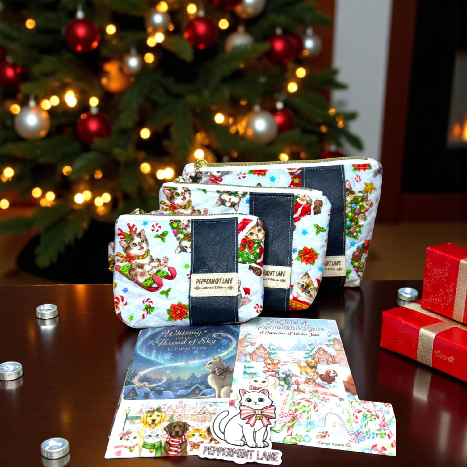Quilted Cat Cosmetic Pouch – Peppermint Lane Limited Edition 2025 – Vinyl Holiday Pouch – Collector Set Story Zine – Christmas Gift Bundle