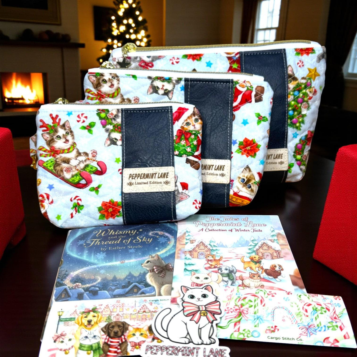 Christmas Cat Zipper Pouch, Quilted Cosmetic Bag, Handmade Holiday Gift, Peppermint Lane Limited Edition, Whimsy’s Thread of Sky