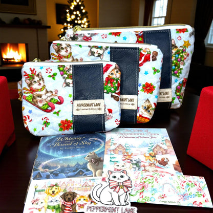 Christmas Cat Zipper Pouch, Quilted Cosmetic Bag, Handmade Holiday Gift, Peppermint Lane Limited Edition, Whimsy’s Thread of Sky