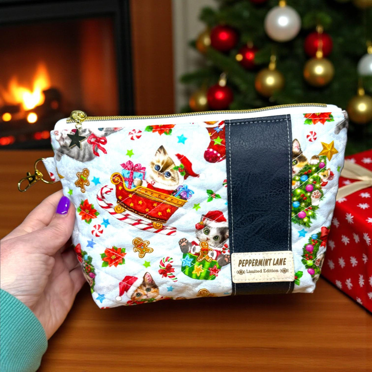 Christmas Cat Zipper Pouch, Quilted Cosmetic Bag, Handmade Holiday Gift, Peppermint Lane Limited Edition, Whimsy’s Thread of Sky