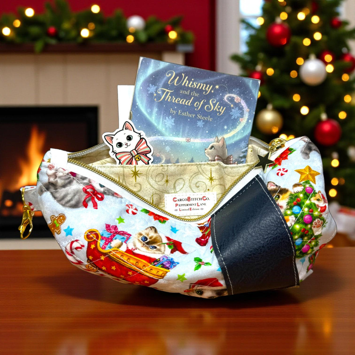 Christmas Cat Zipper Pouch, Quilted Cosmetic Bag, Handmade Holiday Gift, Peppermint Lane Limited Edition, Whimsy’s Thread of Sky