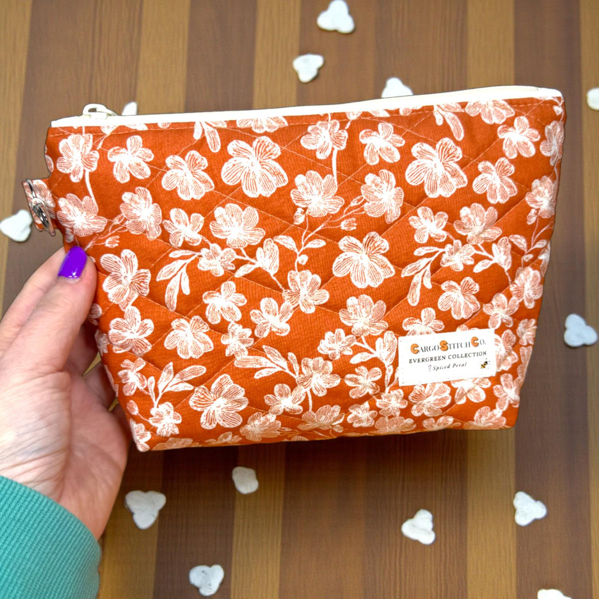 Floral Quilted Zipper Pouch - Spiced Petal Makeup Bag, Medium Travel Cosmetic Bag