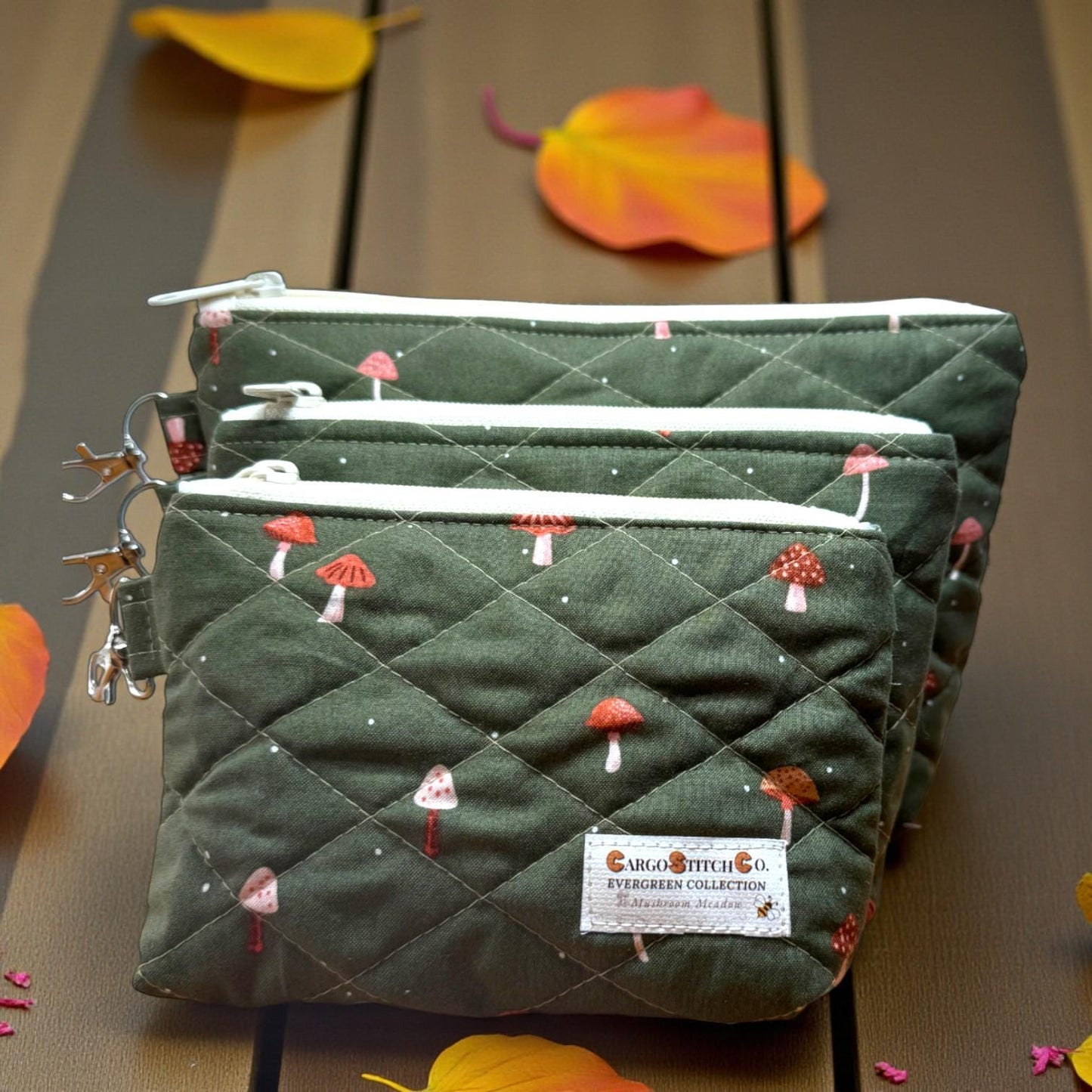 Evergreen Mushroom Quilted Pouch | Cargo Stitch Co. Evergreen Collection | Quilted Cotton Zipper Bags |Woodland Gift | Choose Size or Bundle