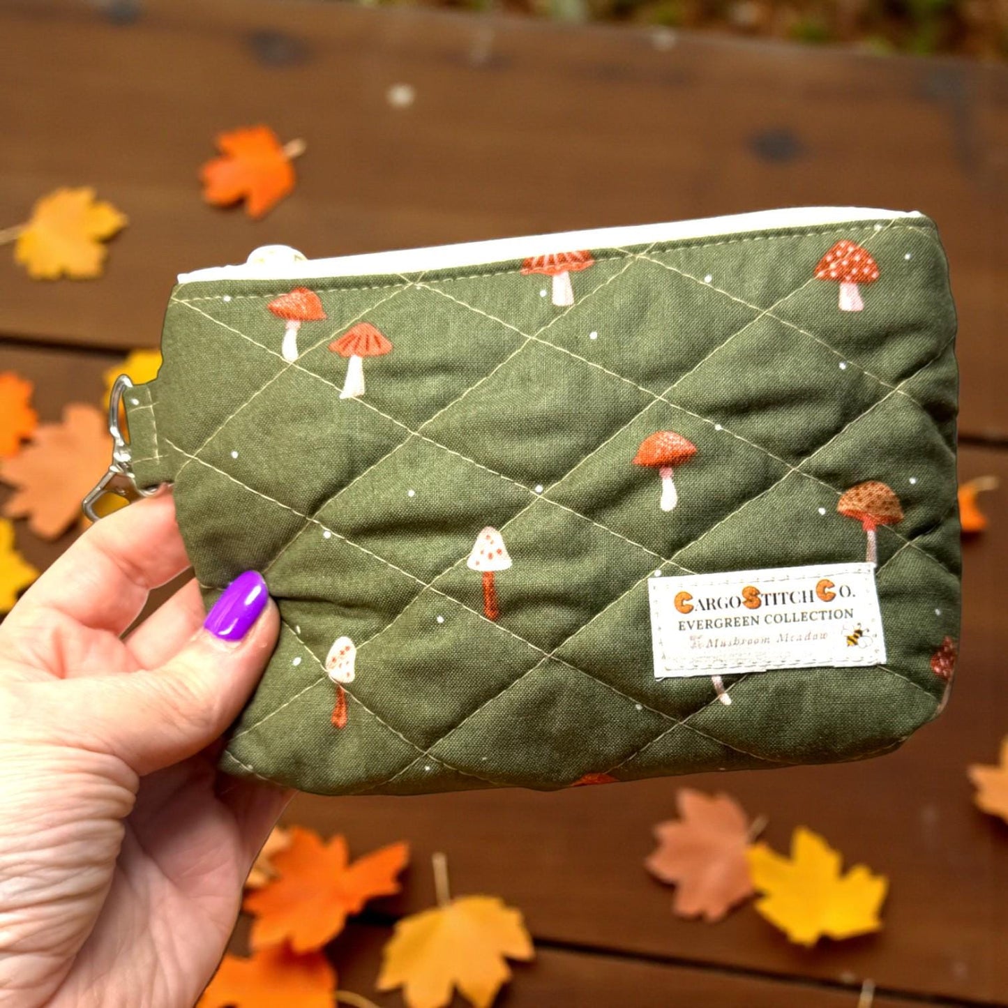 Evergreen Mushroom Quilted Pouch | Cargo Stitch Co. Evergreen Collection | Quilted Cotton Zipper Bags |Woodland Gift | Choose Size or Bundle