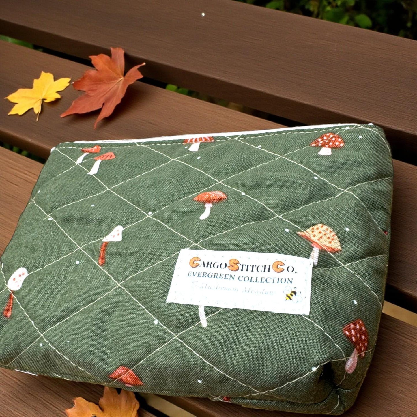 Evergreen Mushroom Quilted Pouch | Cargo Stitch Co. Evergreen Collection | Quilted Cotton Zipper Bags |Woodland Gift | Choose Size or Bundle