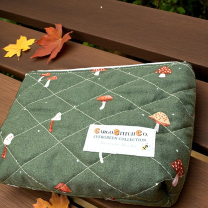 Mushroom Meadow Junk Journal Supply Pouch | Quilted Zipper Organizer for Pens, Ephemera & Craft Supplies