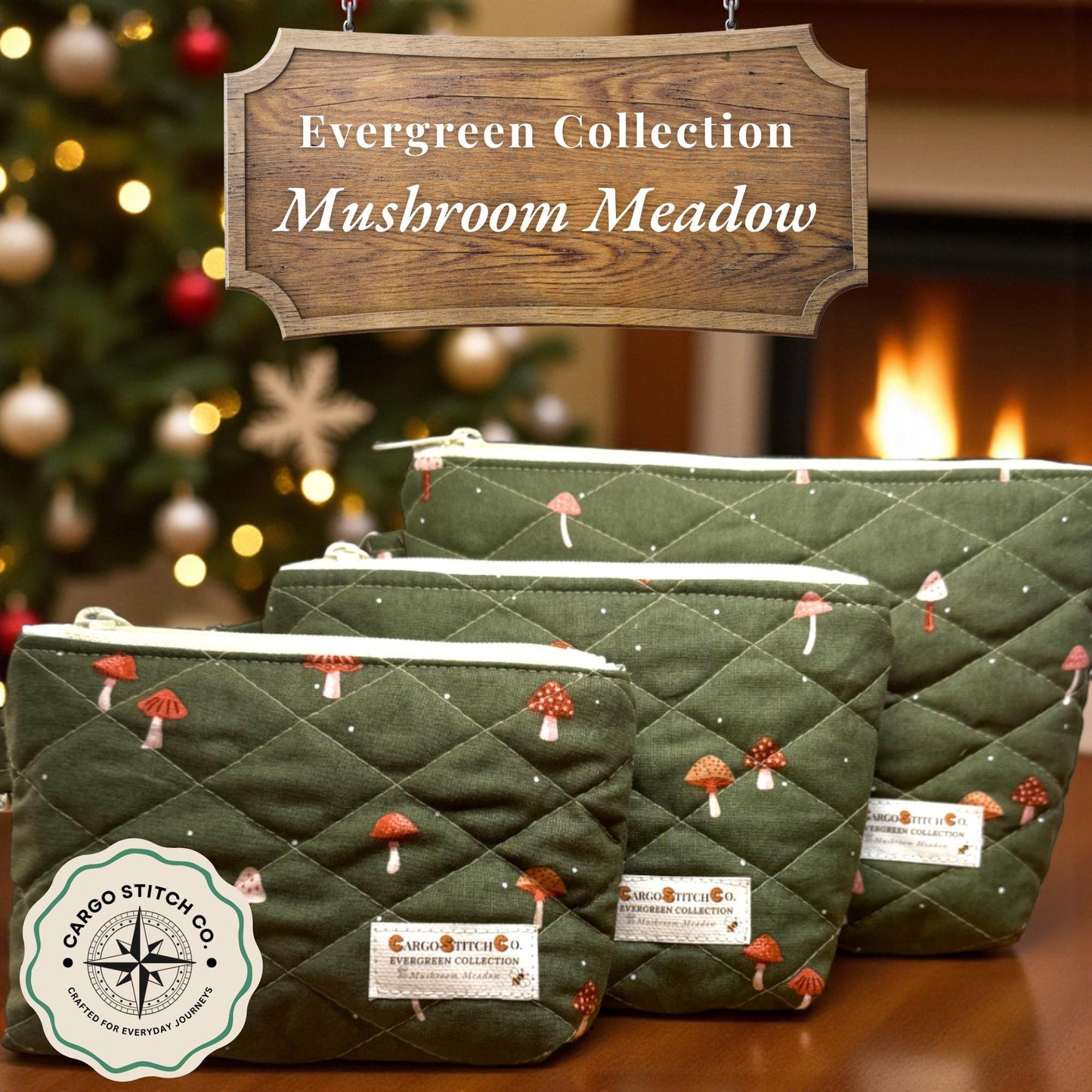 Evergreen Mushroom Quilted Pouch | Cargo Stitch Co. Evergreen Collection | Quilted Cotton Zipper Bags |Woodland Gift | Choose Size or Bundle