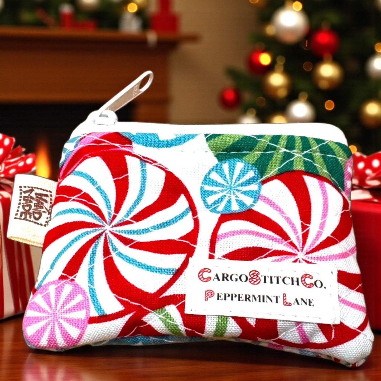 Mini Quilted PouchPeppermint Lane  | Mini 3x2 Christmas Coin Purse | Holiday Gift Bag | Handmade Zipper Pouch | Stocking Stuffer