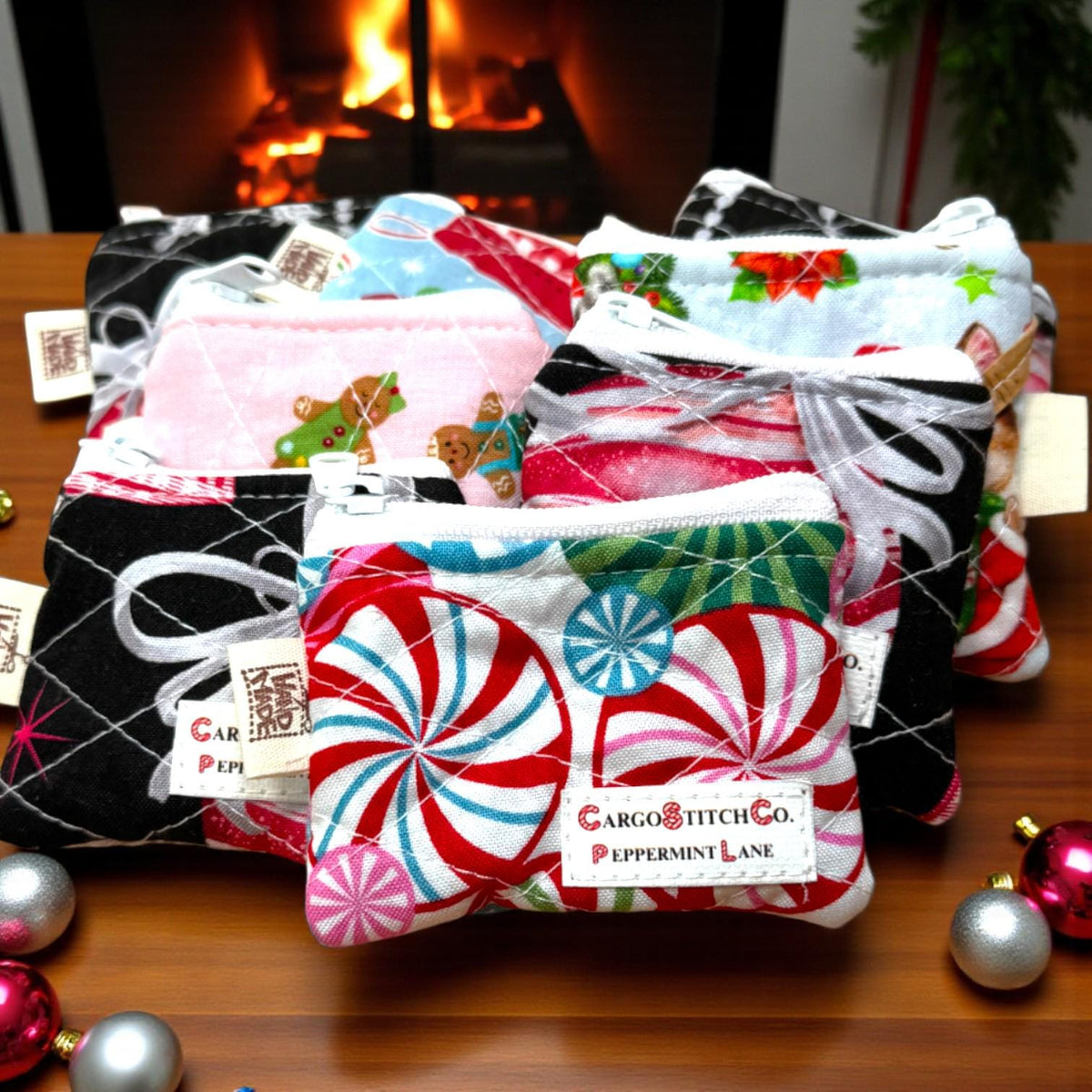 Peppermint Lane Mini Christmas Zipper Pouch, Quilted Coin Purse, Stocking Stuffer, Gift Card Holder, Choose Your Design