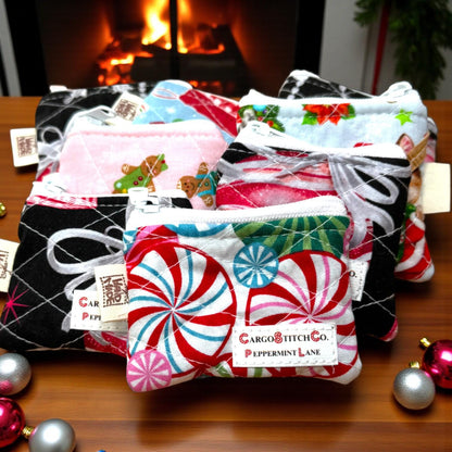Peppermint Lane Mini Christmas Zipper Pouch, Quilted Coin Purse, Stocking Stuffer, Gift Card Holder, Choose Your Design