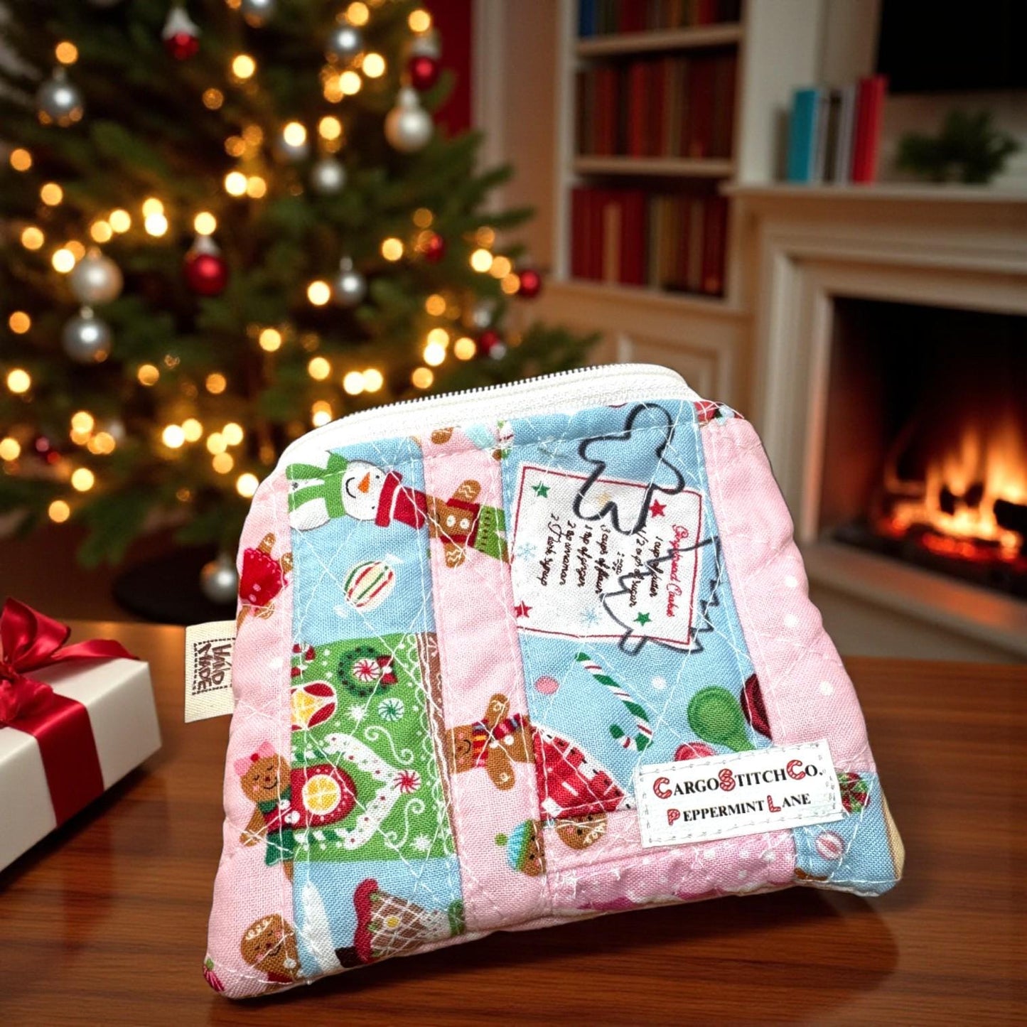 Eco Friendly Peppermint Lane Scrap Series Mini Quilted Pouch | Limited Edition 2025 |Holiday Zipper Bag | One-of-a-Kind Christmas Gift