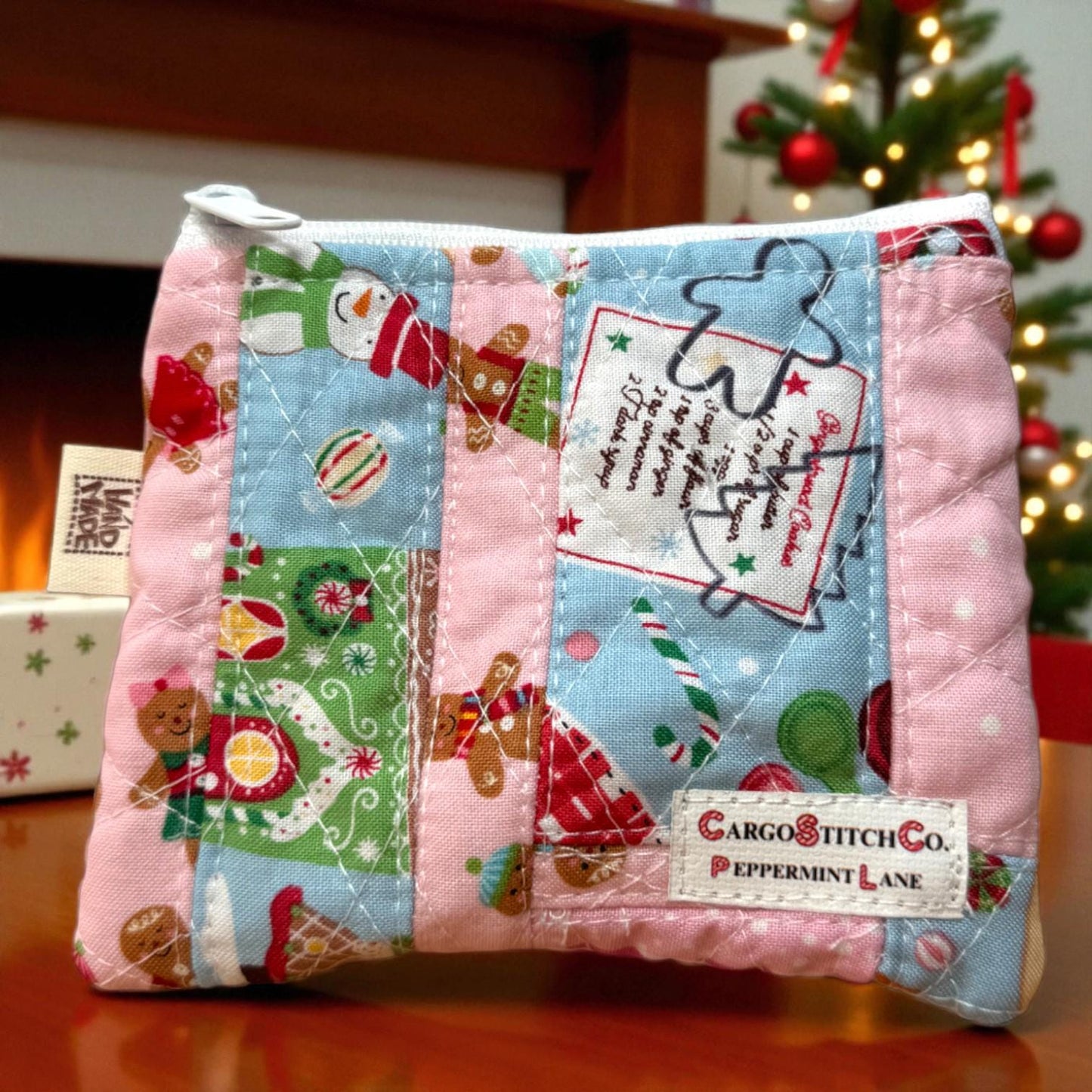 Eco Friendly Peppermint Lane Scrap Series Mini Quilted Pouch | Limited Edition 2025 |Holiday Zipper Bag | One-of-a-Kind Christmas Gift