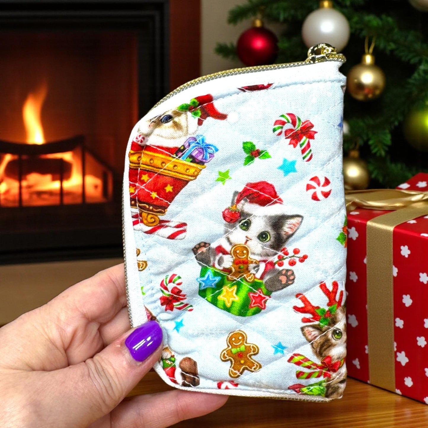 Peppermint Lane Tea Wallet – Maker’s Seconds | Cargo Stitch Co. | Holiday Cat Print | Handmade “Perfectly Imperfect” Sale