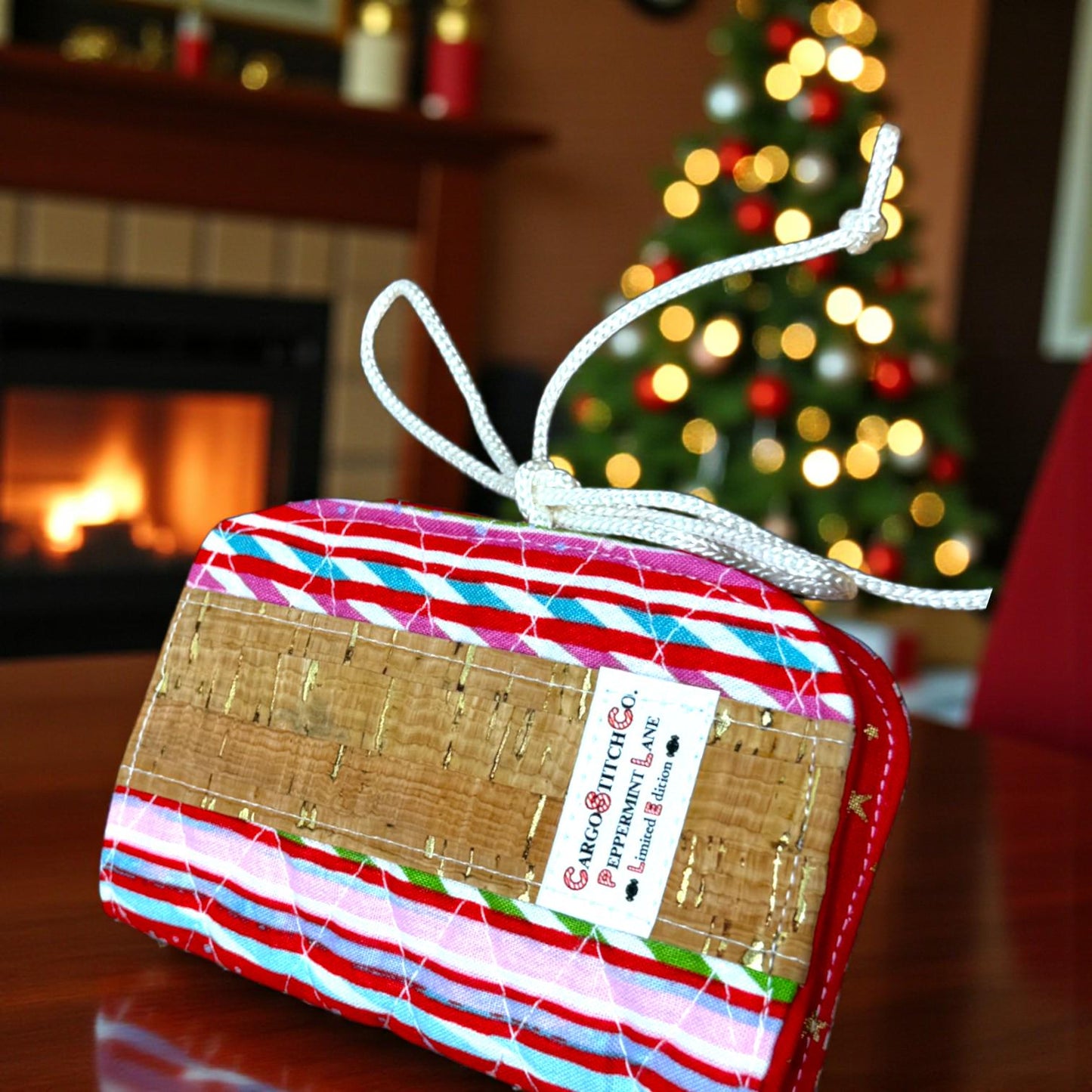 Peppermint Lane Tea Wallet | Limited Edition 2025 | Holiday Tea Organizer | Candy Cane Stripe + Cork Accent | Cargo Stitch Co. Handmade
