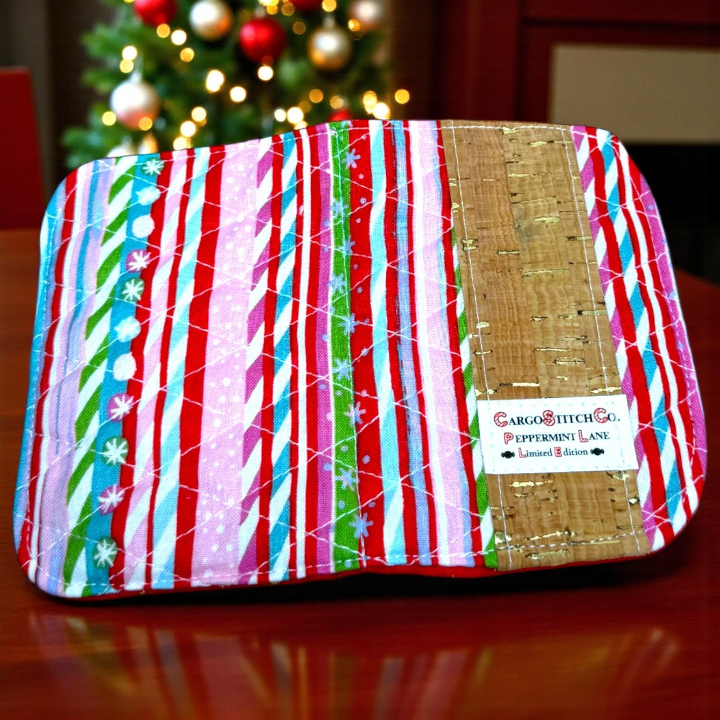 Peppermint Lane Tea Wallet | Limited Edition 2025 | Holiday Tea Organizer | Candy Cane Stripe + Cork Accent | Cargo Stitch Co. Handmade