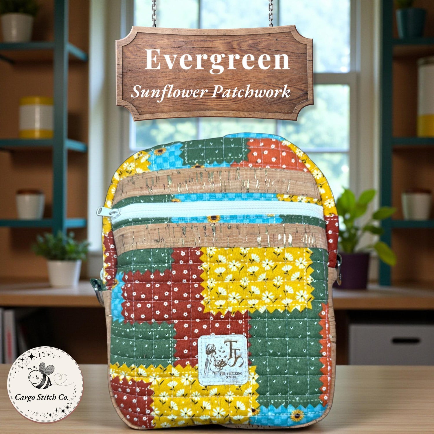 Quilted Patchwork Crossbody Bag – Evergreen Sunflower – Cottagecore Purse – Small Sling Bag – Handmade Gift for Her