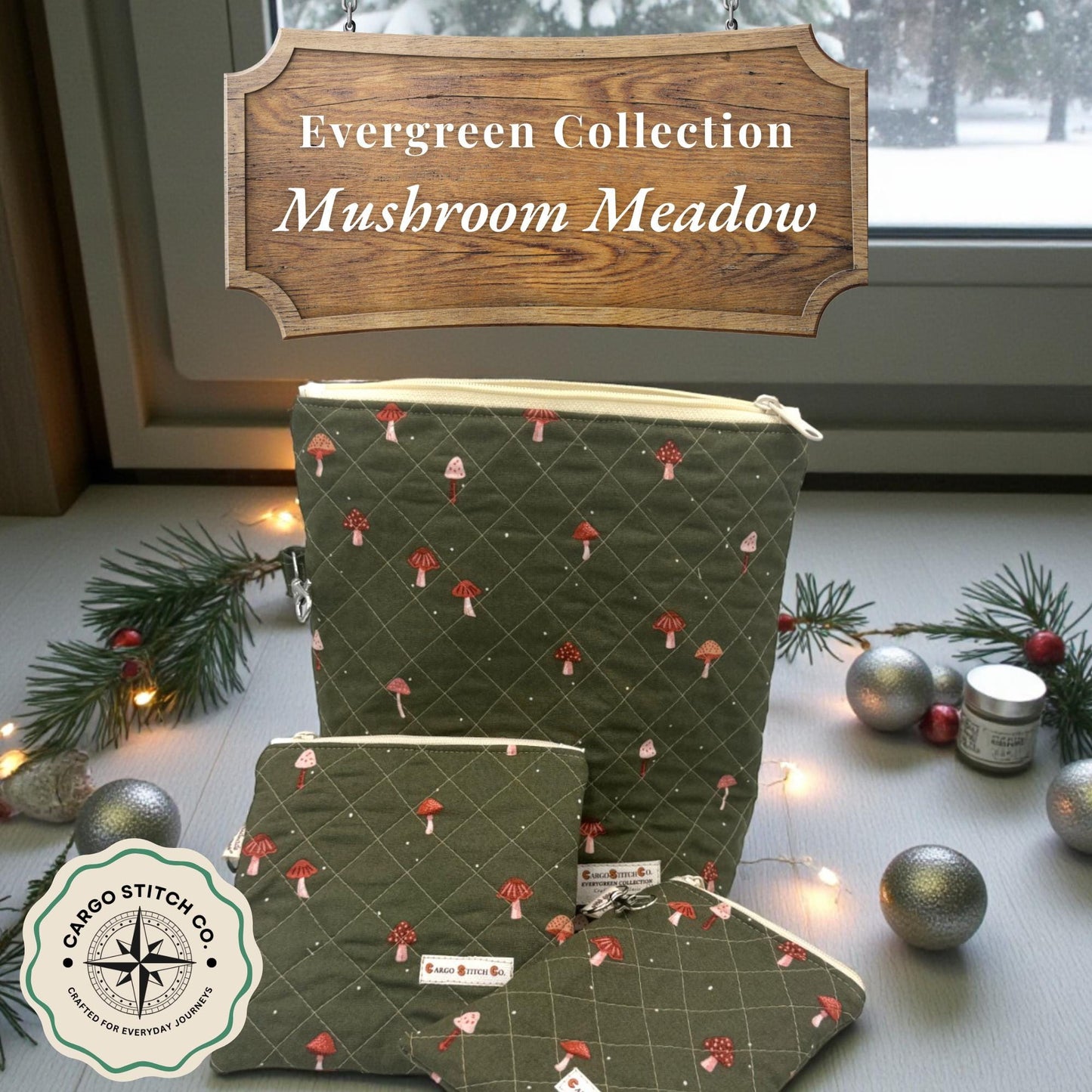 Mushroom Quilted Pouch Set, Cargo Stitch Co Woodland Bags, Handmade Gift, Forest Travel Organizer, Quilted Zipper Bags