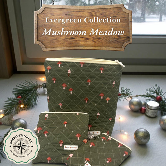 Mushroom Quilted Pouch Set, Cargo Stitch Co Woodland Bags, Handmade Gift, Forest Travel Organizer, Quilted Zipper Bags