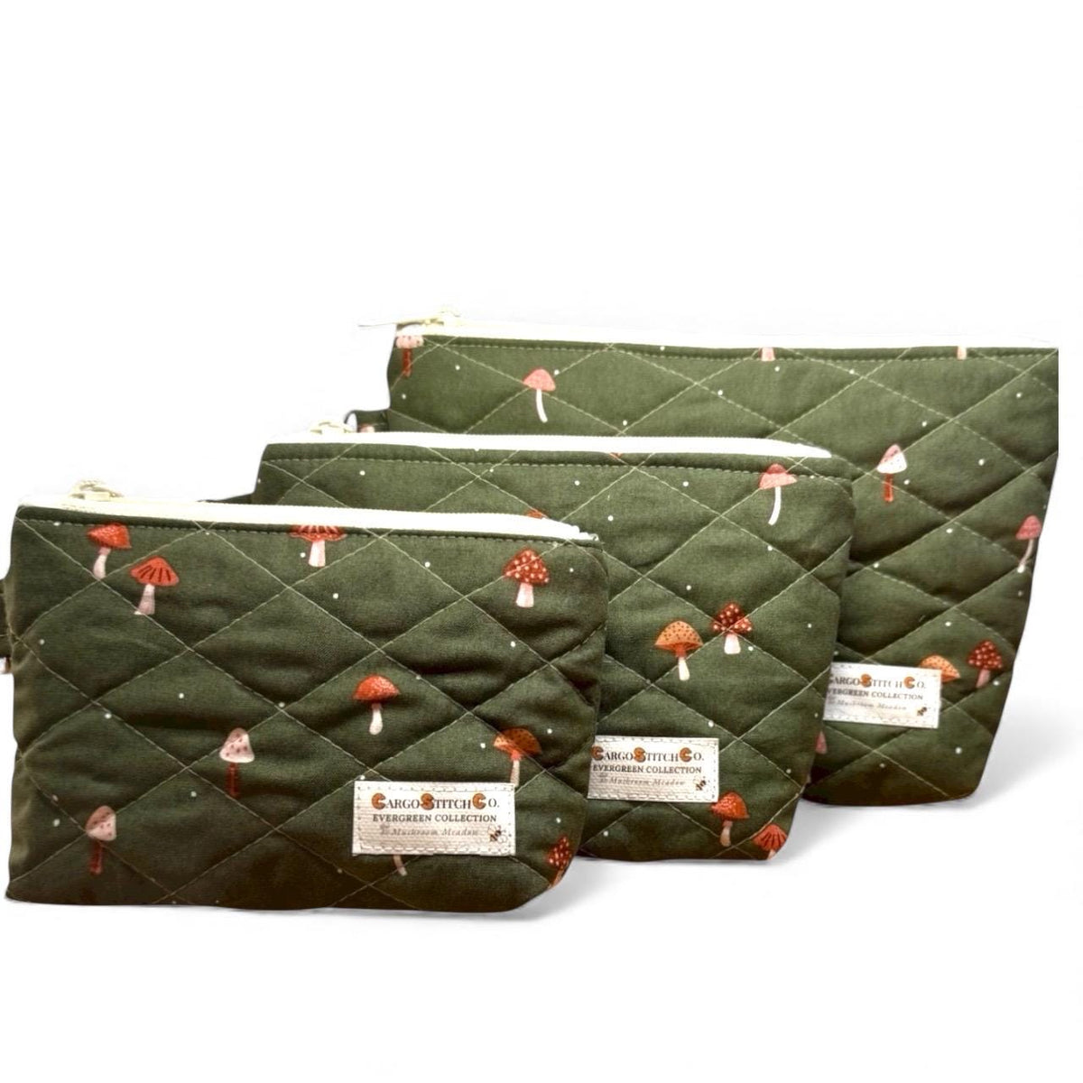 3 Piece Quilted Zipper Pouch Set | Mushroom Project Bags | Handmade Craft Organizer Set | Gift for Sewist & Mushroom Lover