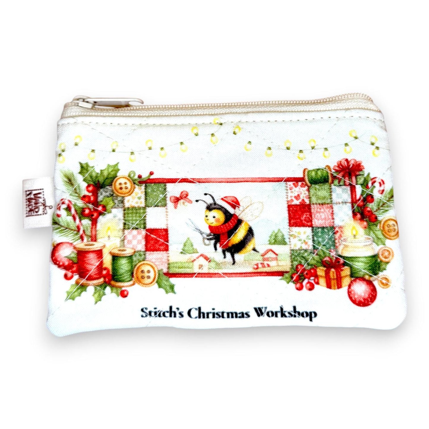 Christmas Bee Mini Quilted Wallet - Holiday Zipper Coin Purse, Festive Stocking Stuffer Gift