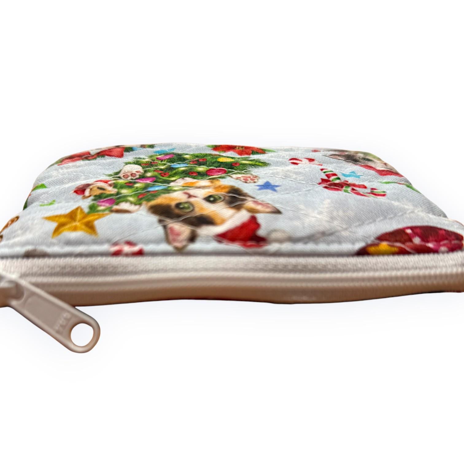 Christmas Patchwork Pouch – 5x4 Quilted Zipper Bag, Cat Holiday Mini Wallet, Scrappy Limited Edition Stocking Stuffer, Coin Purse