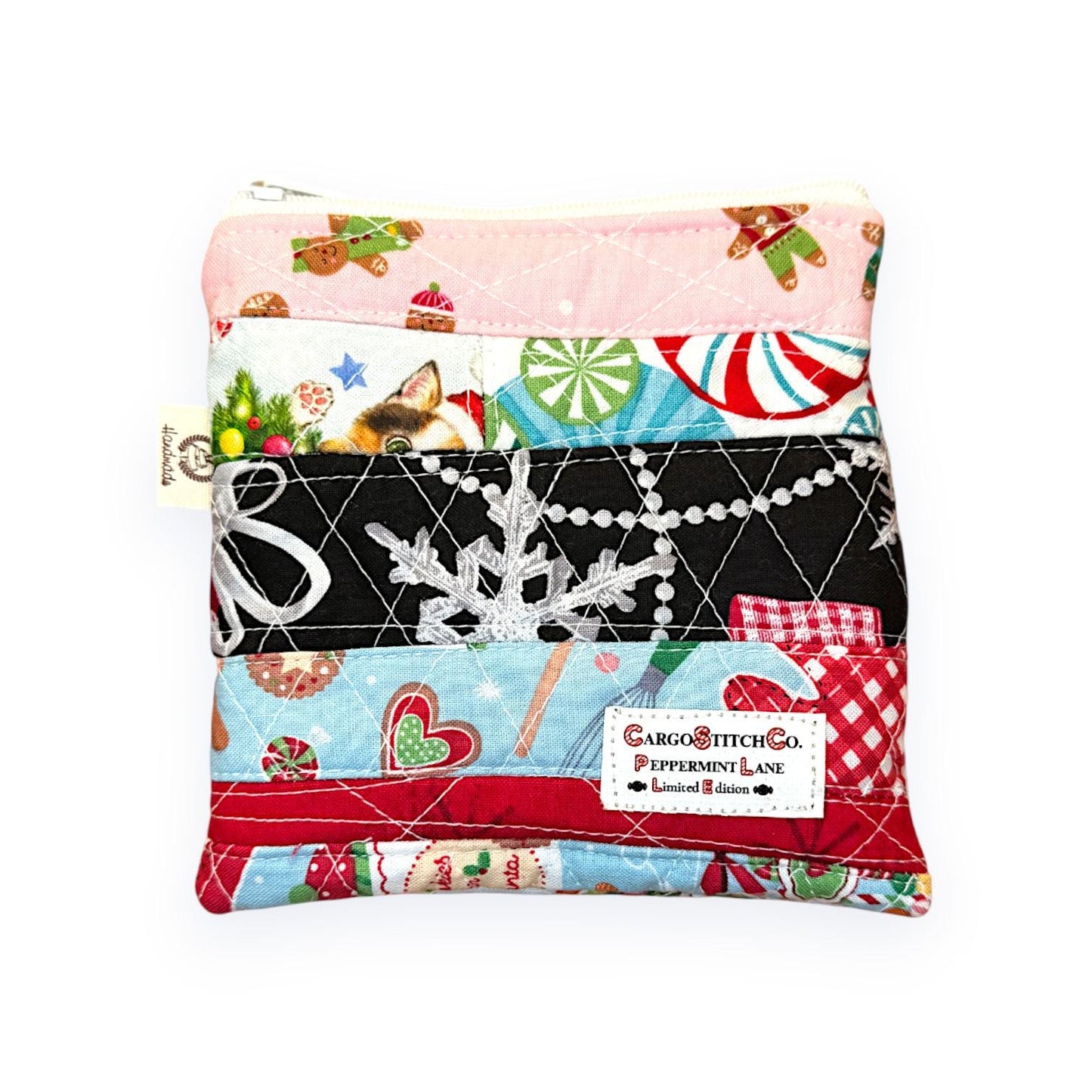 Flat Christmas Patchwork Pouch – 5.5 x 5 Quilted Zipper Bag, Cat Holiday Mini Wallet, Scrappy Limited Edition Stocking Stuffer
