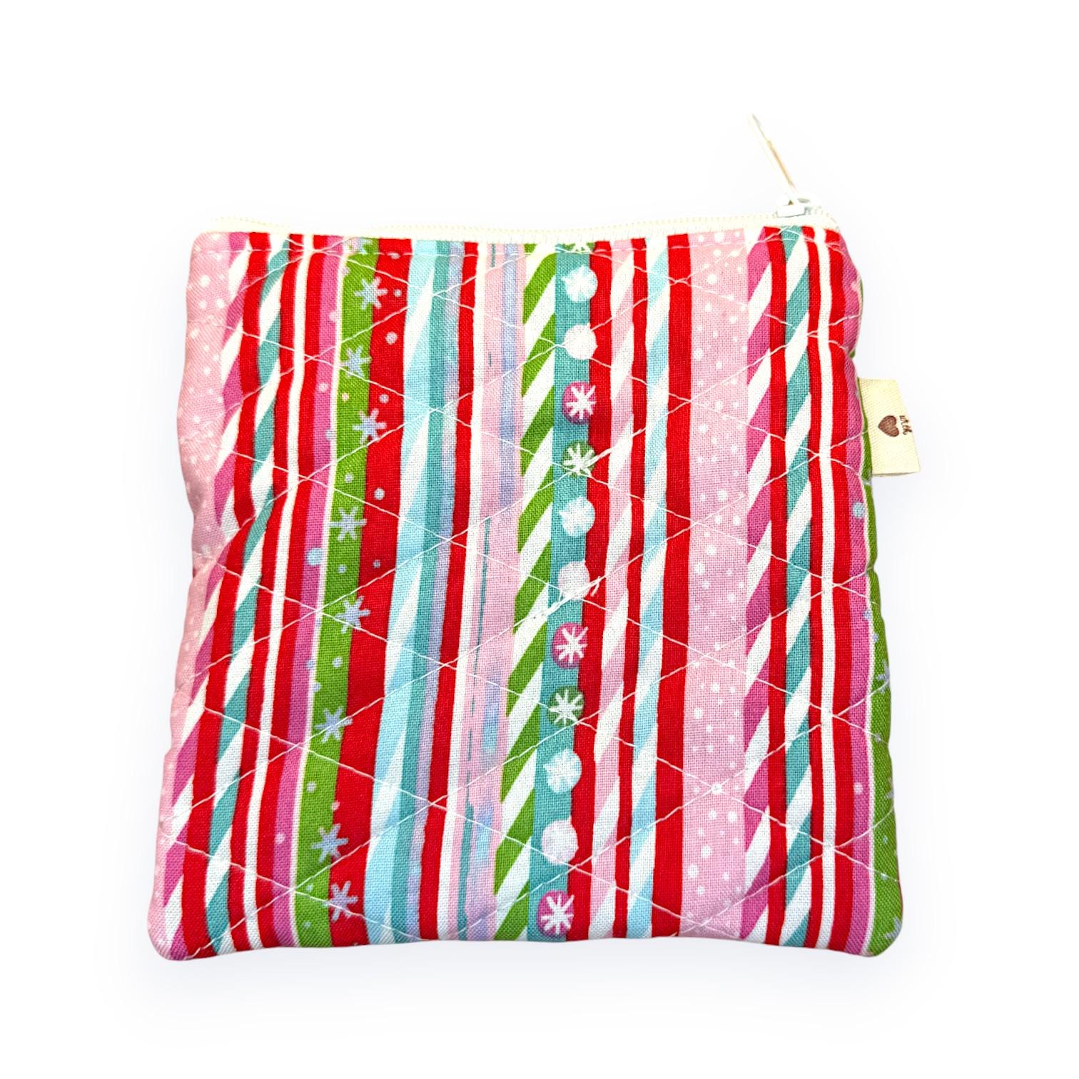 Peppermint Lane Christmas Patchwork Pouch – 5.5 x 5 Quilted Zipper Bag, Cat Holiday Mini Wallet, Scrappy Limited Edition Stocking Stuffer
