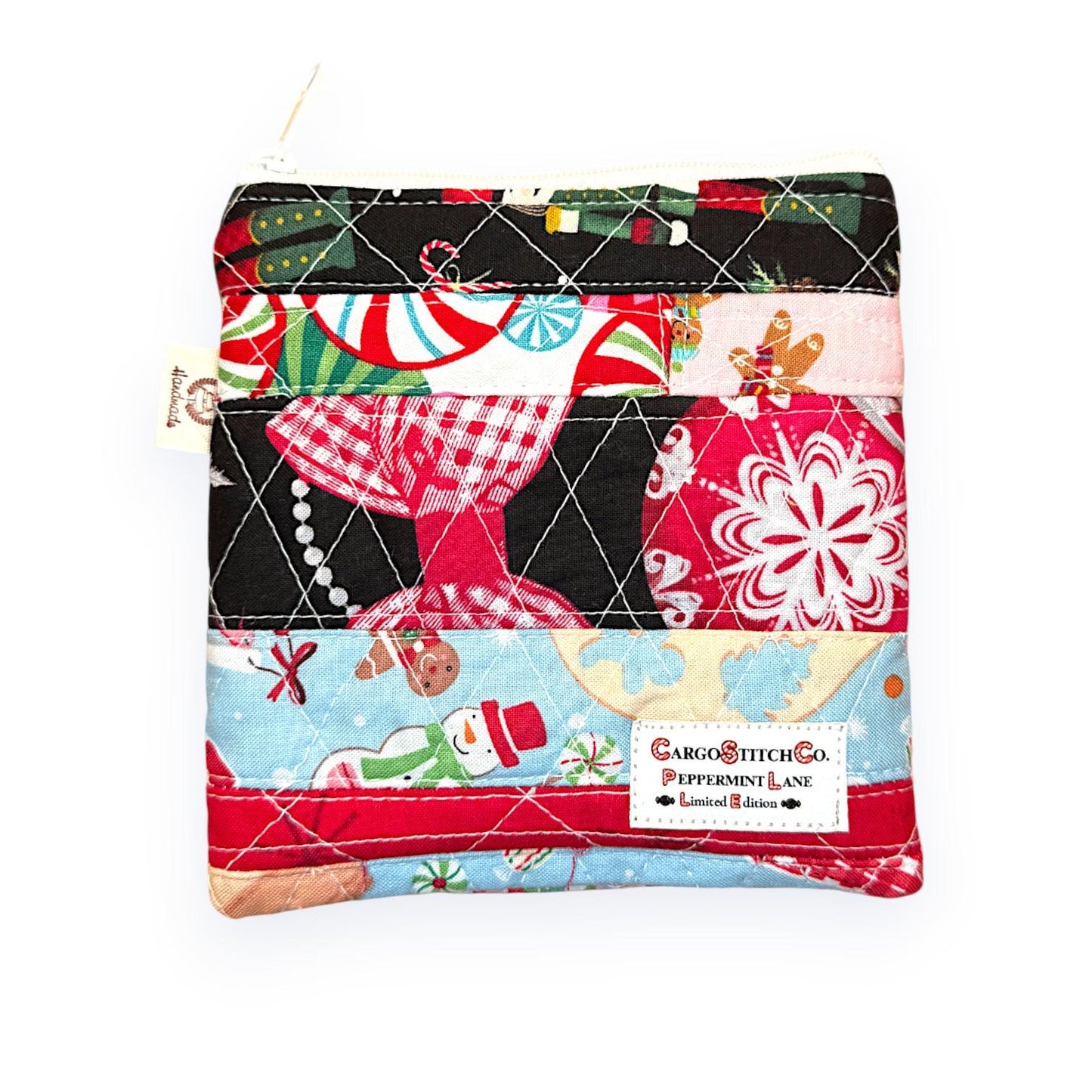 Peppermint Lane Christmas Patchwork Pouch – 5.5 x 5 Quilted Zipper Bag, Cat Holiday Mini Wallet, Scrappy Limited Edition Stocking Stuffer
