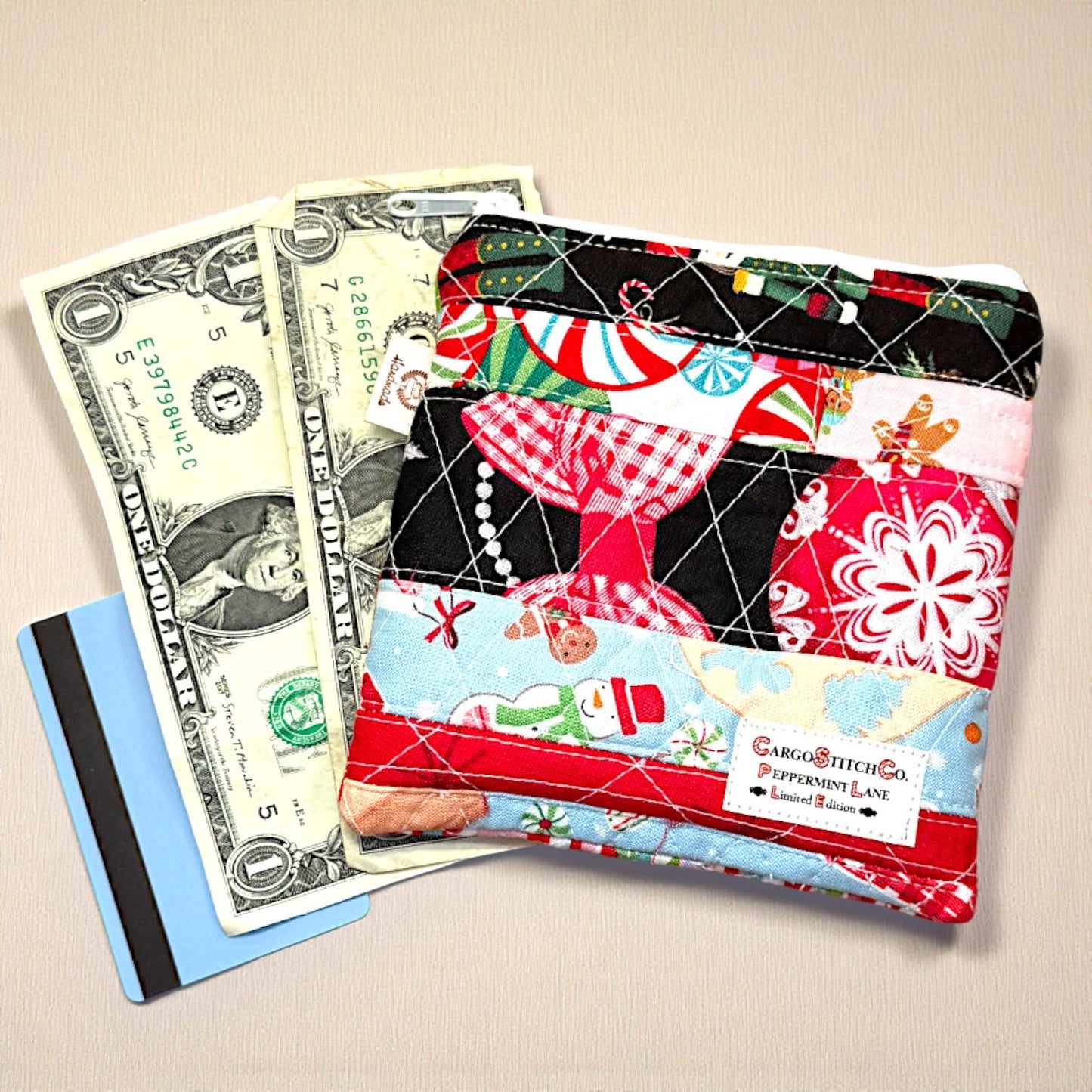 Peppermint Lane Christmas Patchwork Pouch – 5.5 x 5 Quilted Zipper Bag, Cat Holiday Mini Wallet, Scrappy Limited Edition Stocking Stuffer