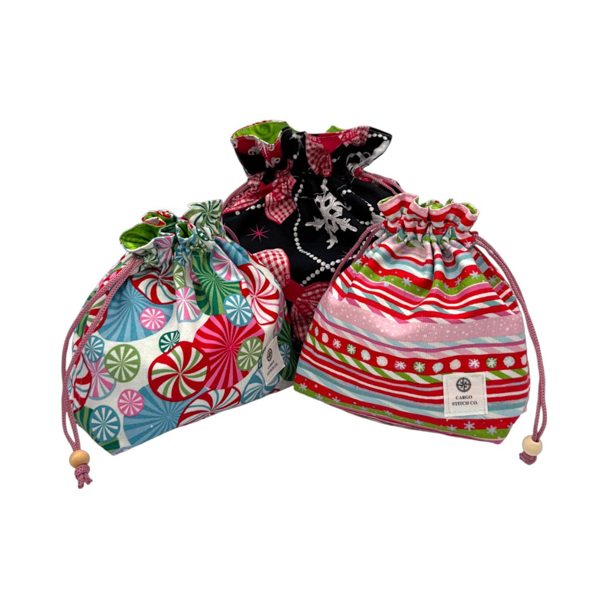 Christmas Drawstring Gift Bag, Handmade Fabric Pouch, Reusable Gift Bag, Stocking Stuffer, Peppermint Lane